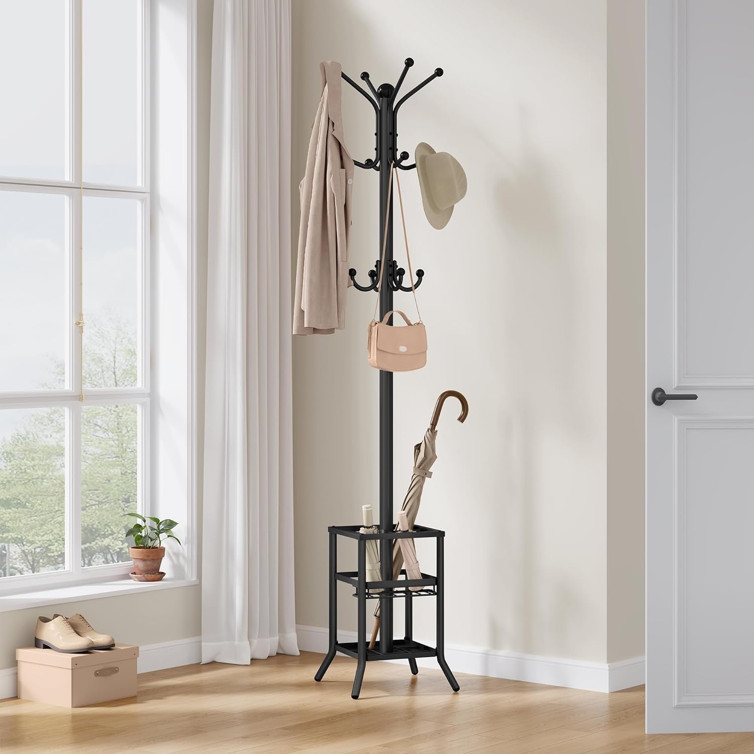 Staande Kapstok Zwart met Parapluhouder - 185 cm | 29% Korting