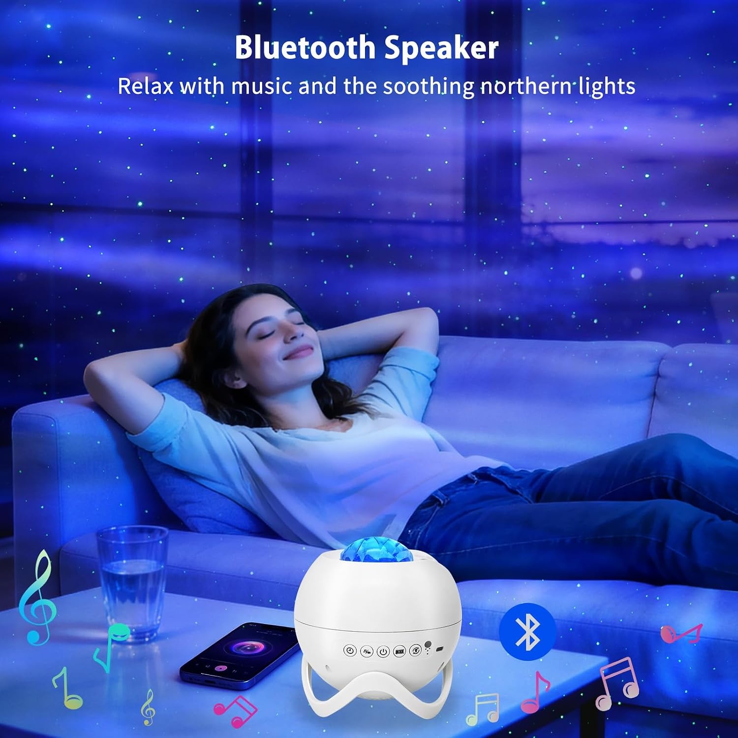 Star Projector, Galaxy Projector with Bluetooth Speaker, Remote Control, Timer, Bedroom Lamp, 8 Night Lights with White Noise for Parties, Living Rooms and Other Decorations - Maat 5.3 inches
