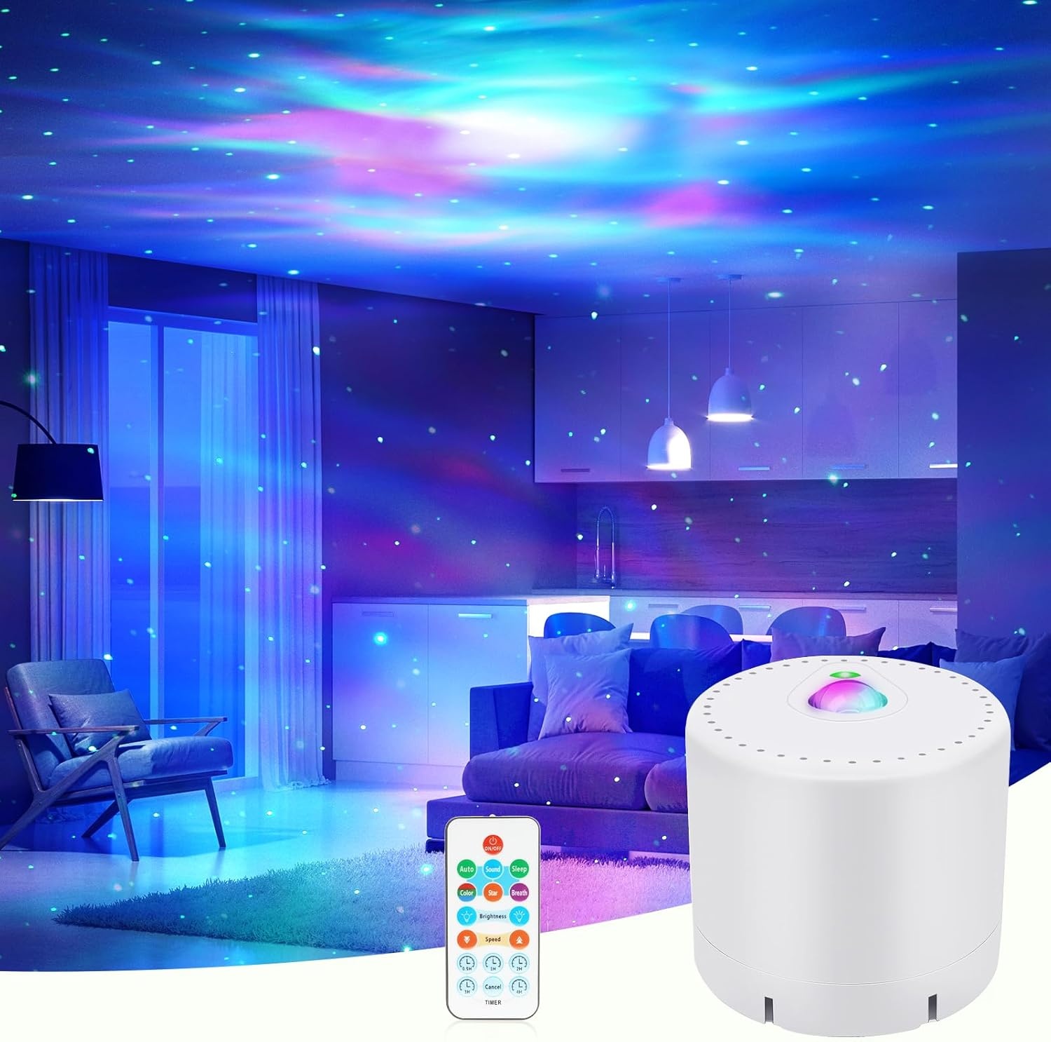 Star Projector, Galaxy Projector with Bluetooth Speaker, Remote Control, Timer, Bedroom Lamp, 8 Night Lights with White Noise for Parties, Living Rooms and Other Decorations - Maat 5.3 inches