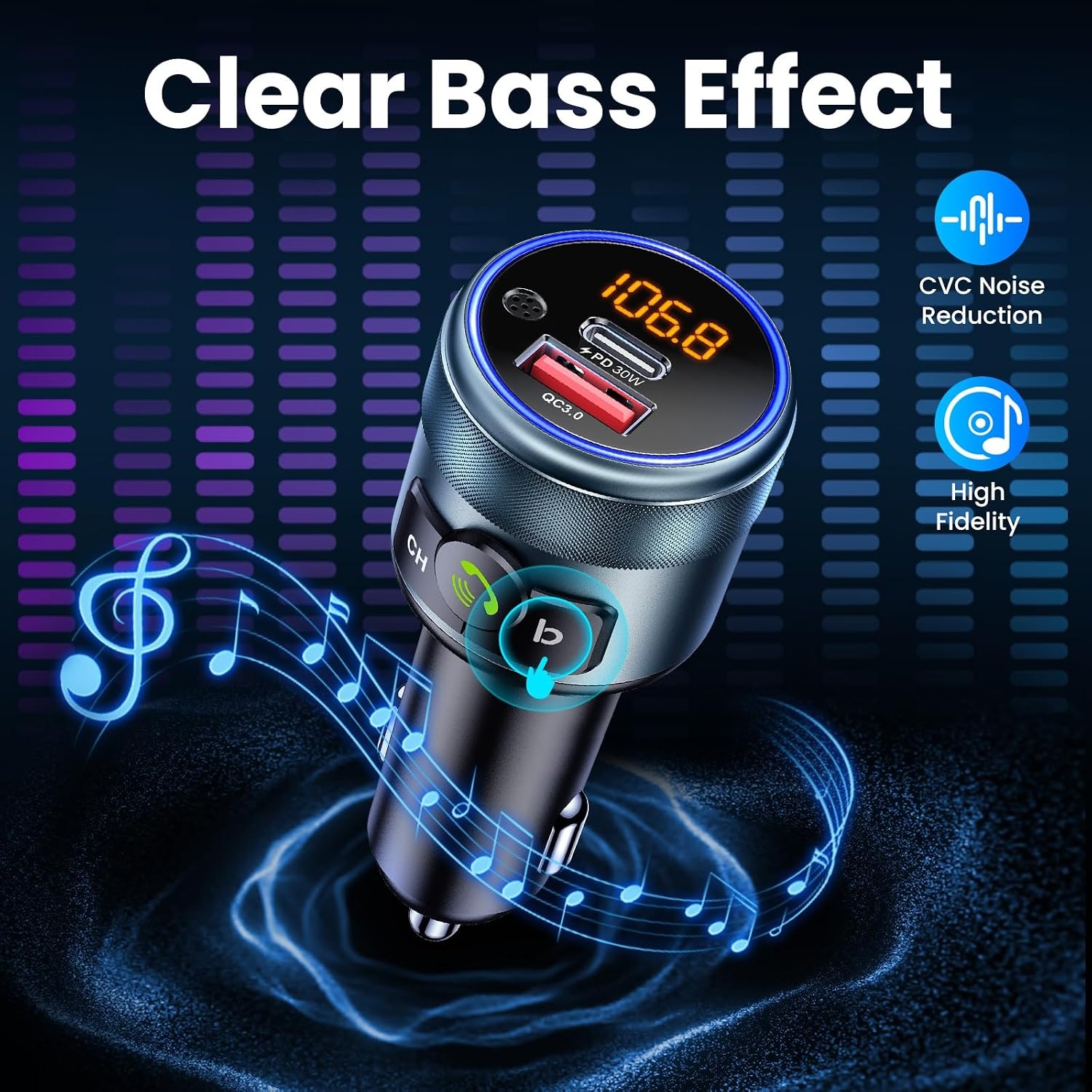 GizmoVine Bluetooth 5.3 FM Transmitter voor Auto - PD 30W en QC3.0 Snellader - Handsfree Bellen