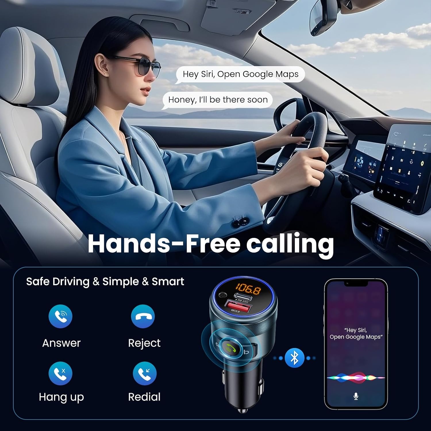 GizmoVine Bluetooth 5.3 FM Transmitter voor Auto - PD 30W en QC3.0 Snellader - Handsfree Bellen