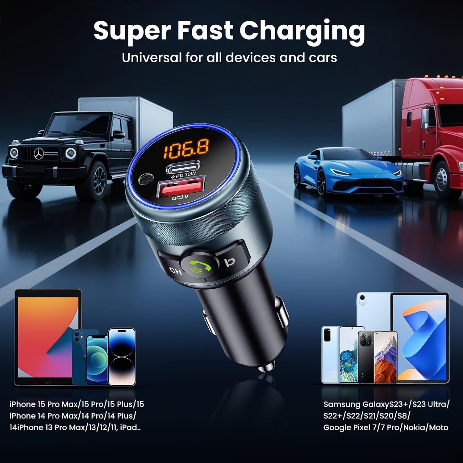 GizmoVine Bluetooth 5.3 FM Transmitter voor Auto - PD 30W en QC3.0 Snellader - Handsfree Bellen