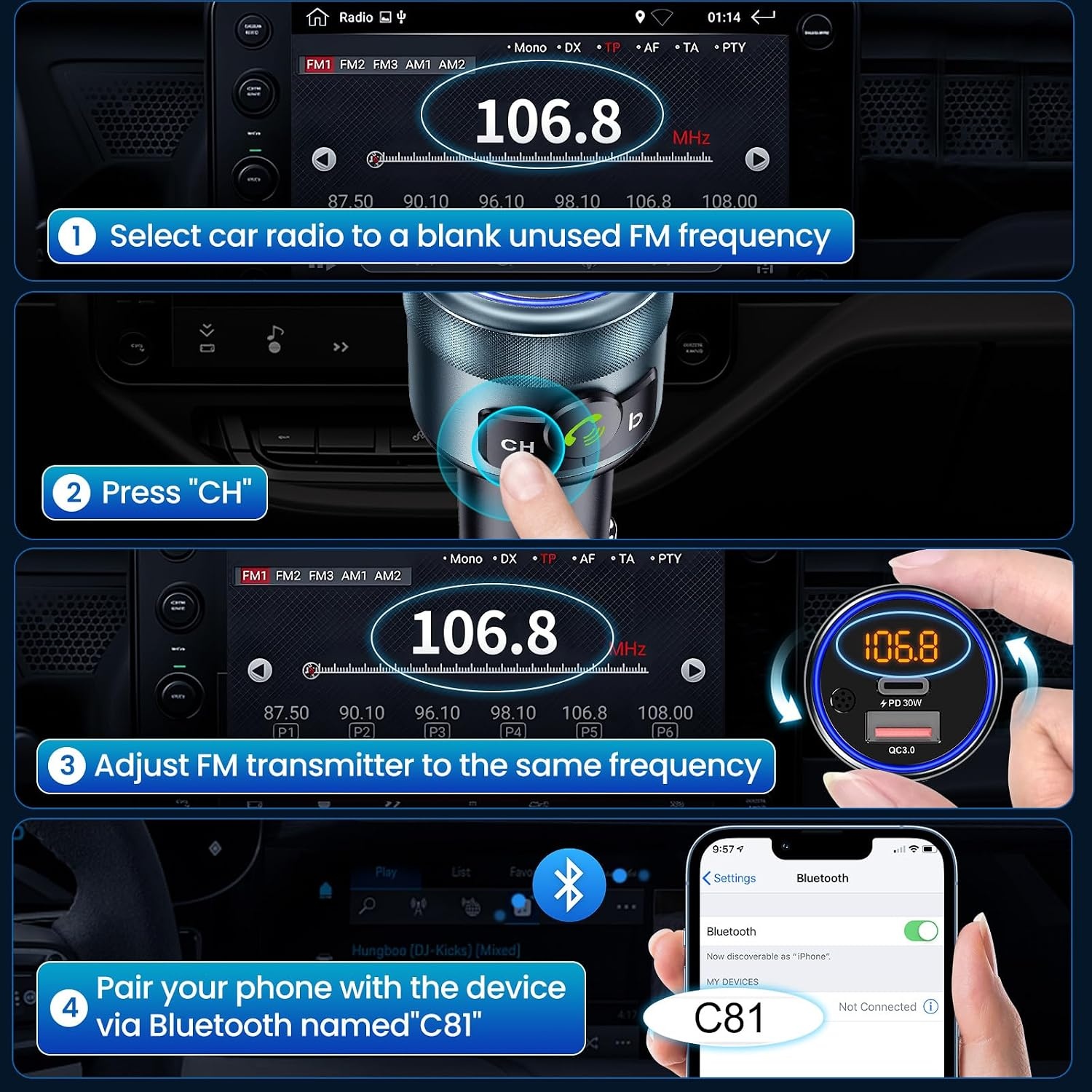 GizmoVine Bluetooth 5.3 FM Transmitter voor Auto - PD 30W en QC3.0 Snellader - Handsfree Bellen
