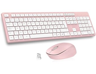 LeadsaiL Wireless Keyboard and Mouse, Ergonomic Wireless Keyboard and Mouse, Spanish QWERTY, Full Size with Numeric Keyboard, 2.4GHz USB Receiver for Mac, PC, Laptop, Pink