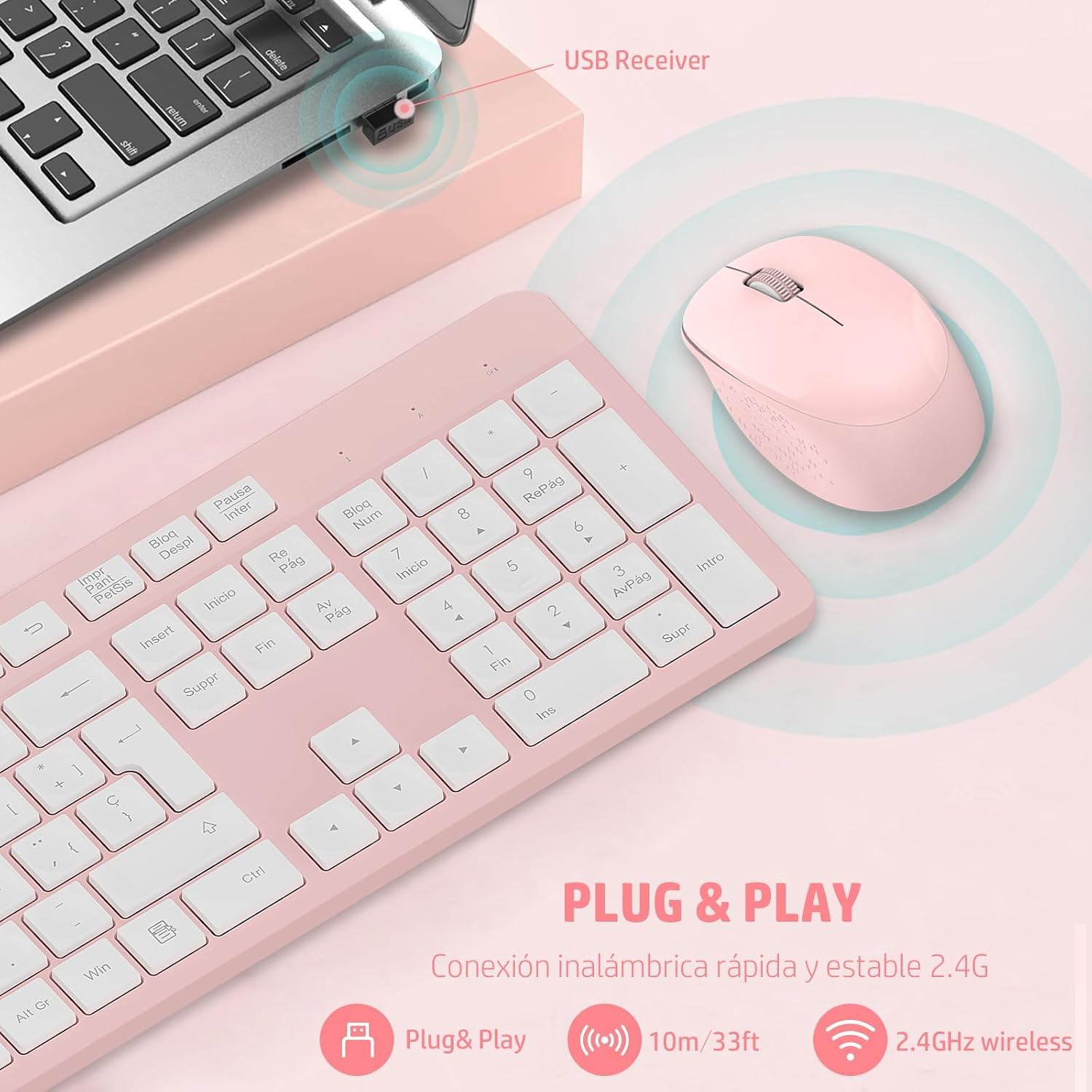 Roze Draadloos Toetsenbord & Muis | Spaans QWERTY met Numeriek Toetsenbord | 54% Korting