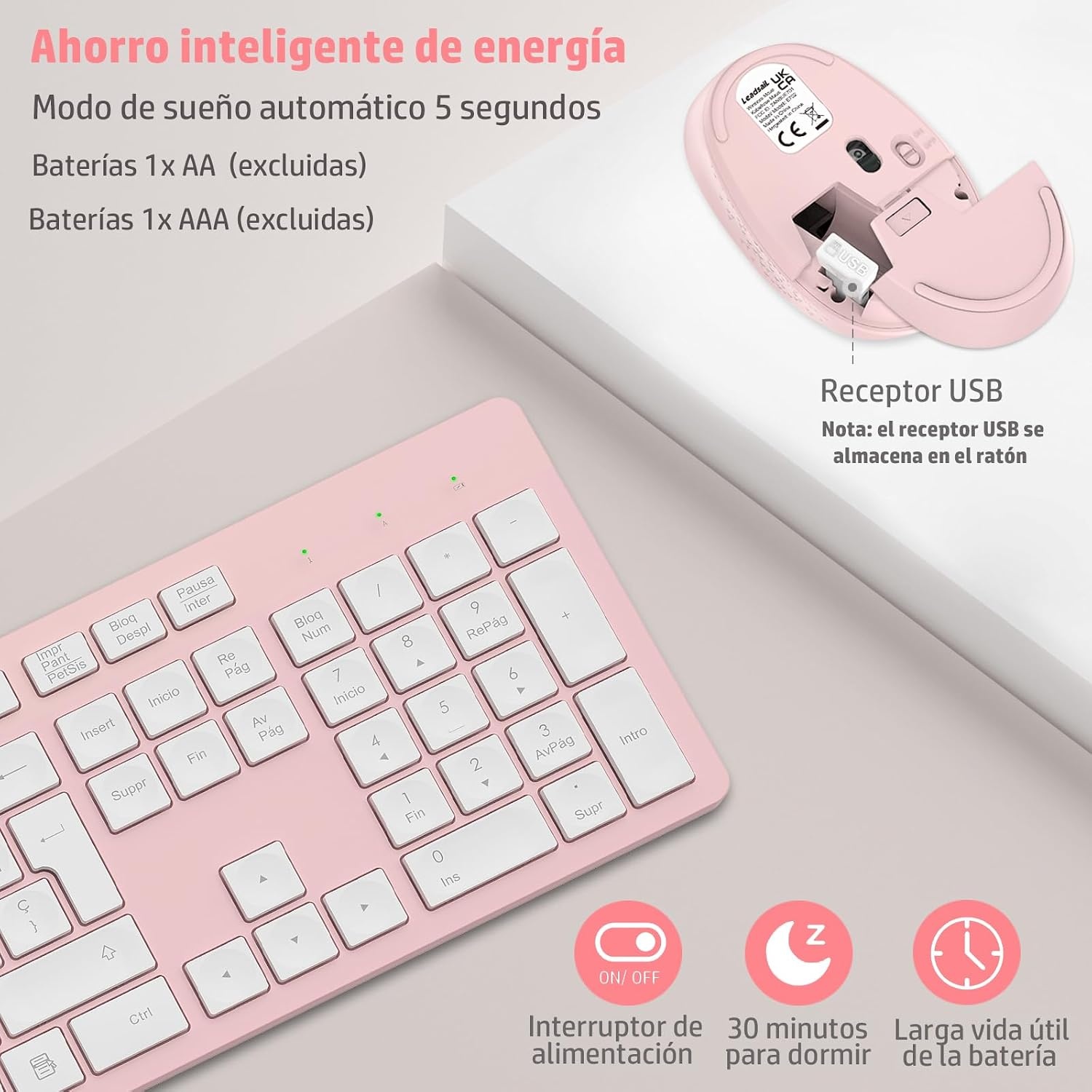 Roze Draadloos Toetsenbord & Muis | Spaans QWERTY met Numeriek Toetsenbord | 54% Korting