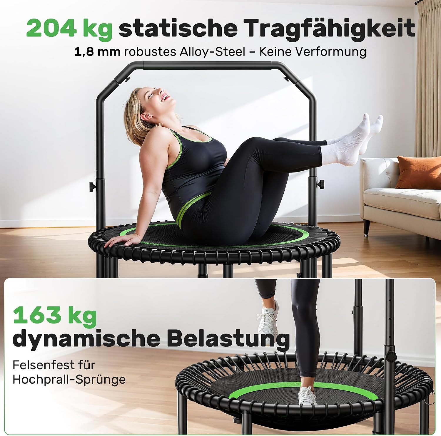 BCAN 102/122cm Rebounder Trampoline for Adults, Load Capacity 204/250 kg, Elastic Bands Adjustable Handle, Stable, Quiet, Indoor/Outdoor, Full Body Workout, Relaxation Home