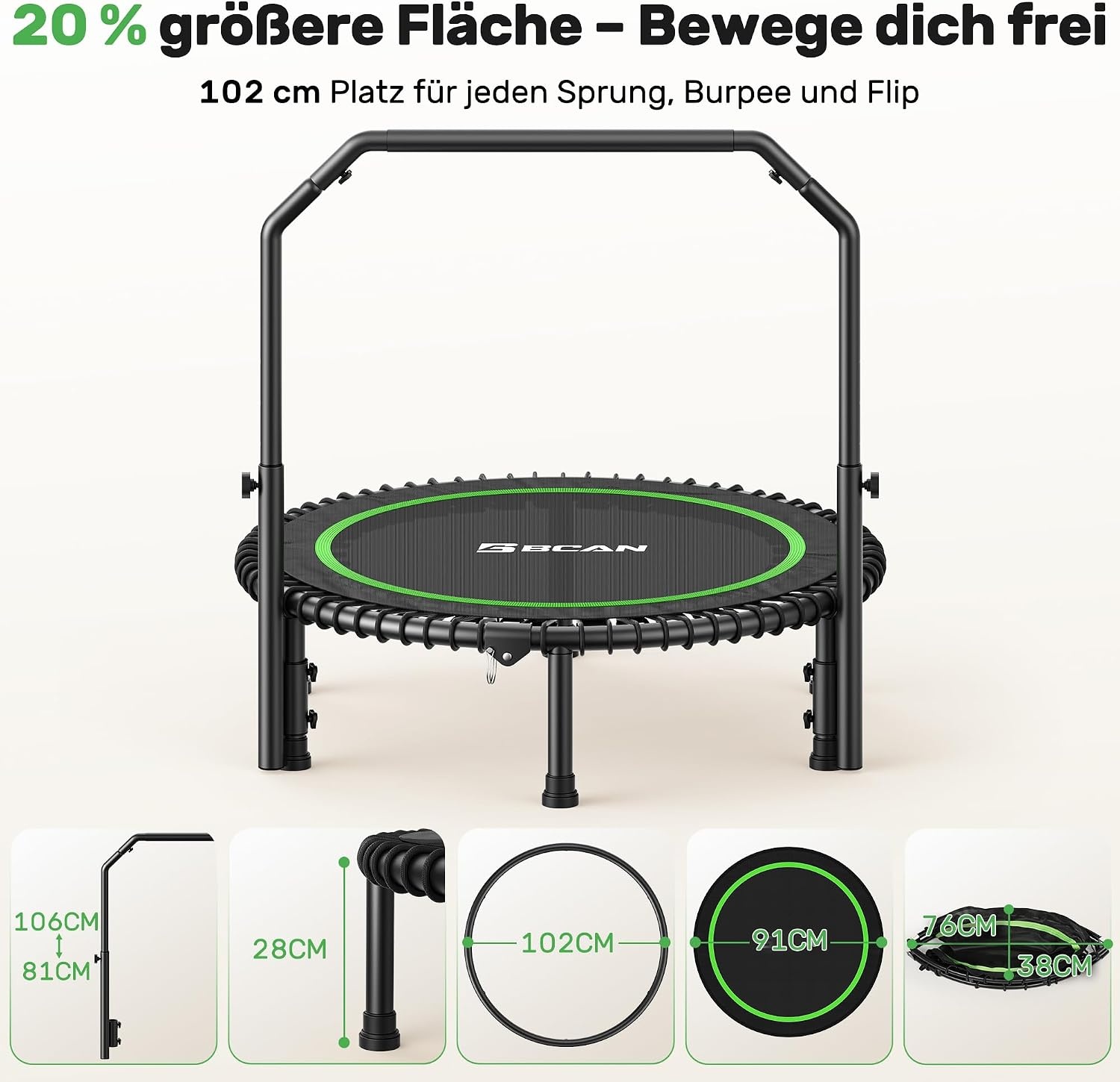 BCAN 102/122cm Rebounder Trampoline for Adults, Load Capacity 204/250 kg, Elastic Bands Adjustable Handle, Stable, Quiet, Indoor/Outdoor, Full Body Workout, Relaxation Home
