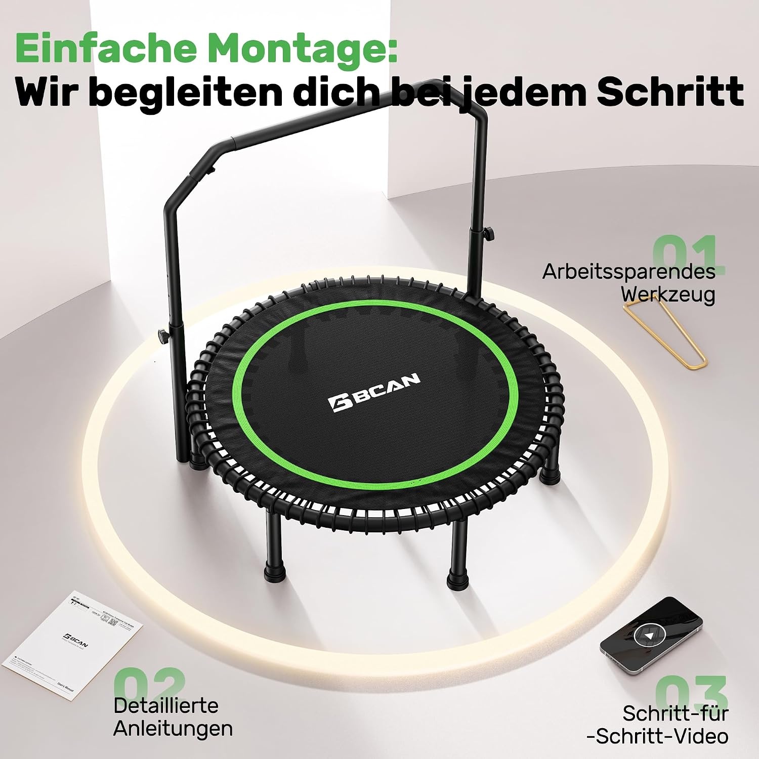BCAN 102/122cm Rebounder Trampoline for Adults, Load Capacity 204/250 kg, Elastic Bands Adjustable Handle, Stable, Quiet, Indoor/Outdoor, Full Body Workout, Relaxation Home