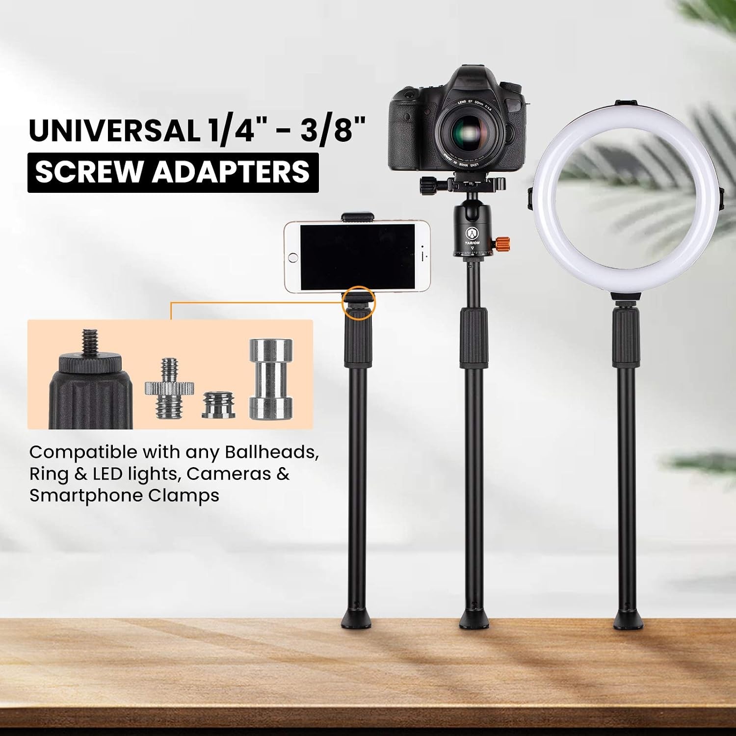 TARION Tafelblad Light Stand Clip - 35-63cm Verstelbare Metalen Tafelmontage Verlichting Monopod met 1/4 Schroef en 1/4 tot 3/8 Schroef Adapters voor Live Streaming Video Fotografie Schieten (S)