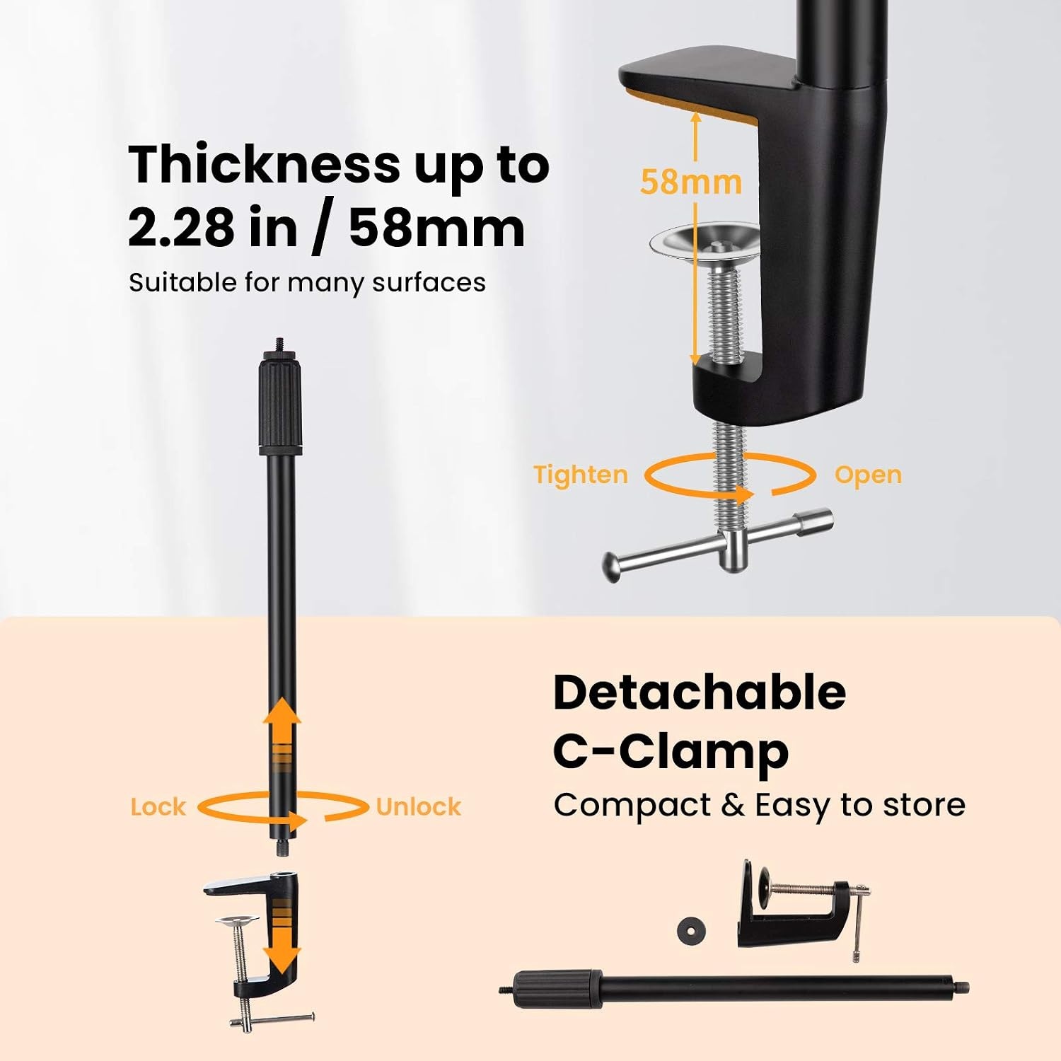 TARION Tafelblad Light Stand Clip - 35-63cm Verstelbare Metalen Tafelmontage Verlichting Monopod met 1/4 Schroef en 1/4 tot 3/8 Schroef Adapters voor Live Streaming Video Fotografie Schieten (S)