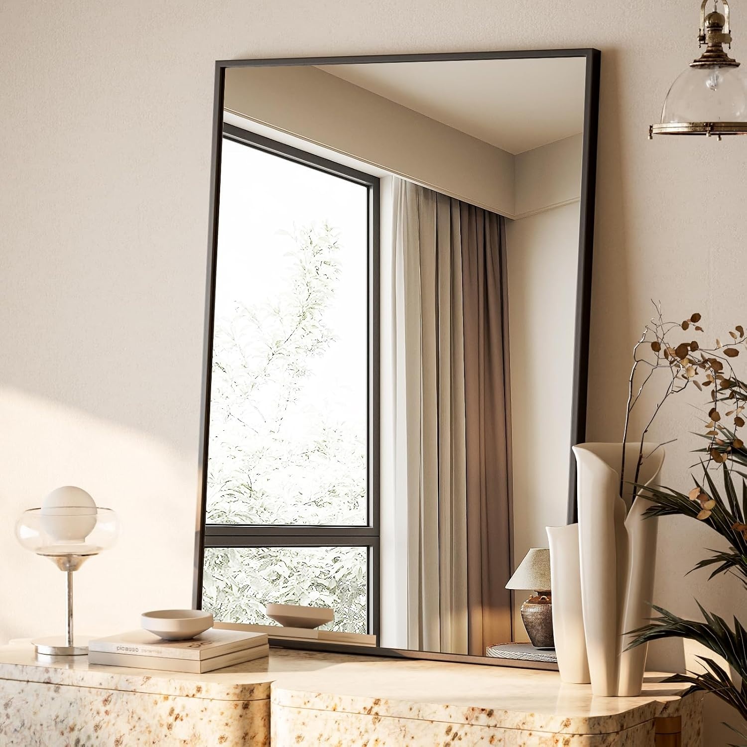 BEAUTYPEAK 81x61cm Rechthoekige wandspiegel, badkamerspiegel met zwarte aluminiumlijst, breukveilige wandspiegel voor badkamer, slaapkamer, woonkamer, Rechthoekige badkamerspiegel