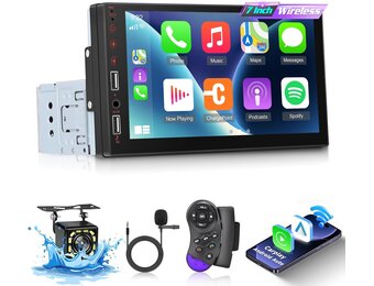 1 Din autoradio met draadloze Carplay & Android Auto - 7 Inch HD Touchscreen autoradio met EQ, Mirror Link, FM Radio, Bluetooth, AUX/USB poort, SWC + achteruitrijcamera