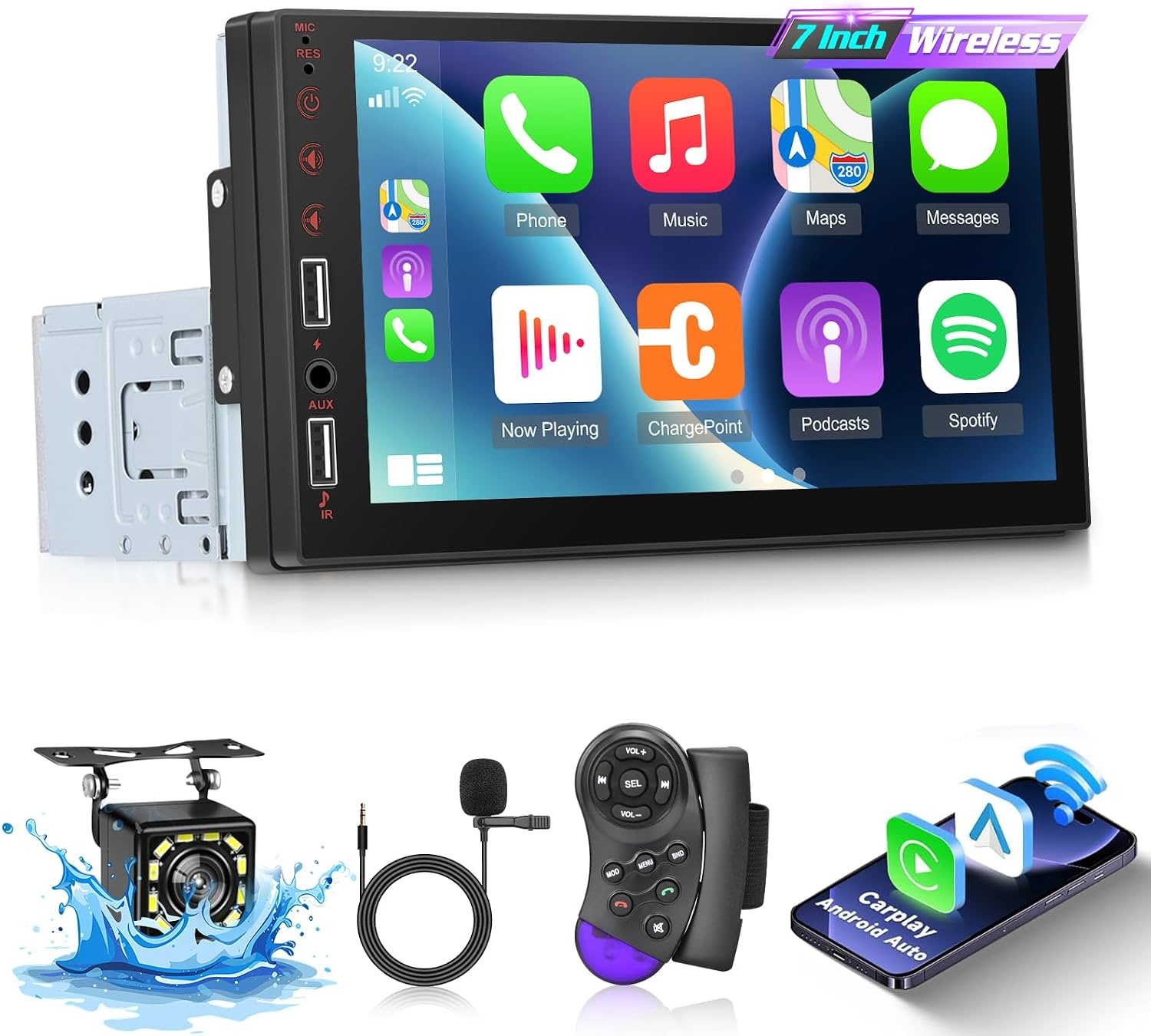 1 Din autoradio met draadloze Carplay & Android Auto - 7 Inch HD Touchscreen autoradio met EQ, Mirror Link, FM Radio, Bluetooth, AUX/USB poort, SWC + achteruitrijcamera
