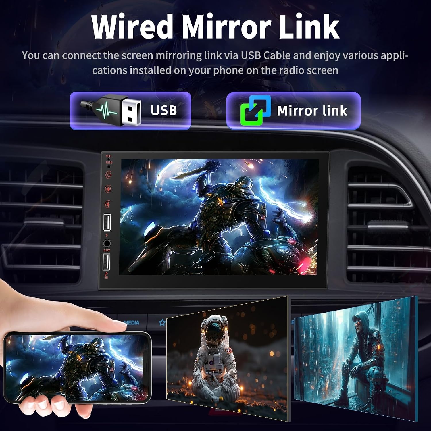 1 Din autoradio met draadloze Carplay & Android Auto - 7 Inch HD Touchscreen autoradio met EQ, Mirror Link, FM Radio, Bluetooth, AUX/USB poort, SWC + achteruitrijcamera