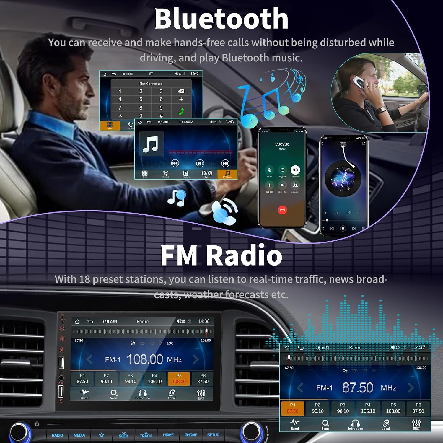 1 Din autoradio met draadloze Carplay & Android Auto - 7 Inch HD Touchscreen autoradio met EQ, Mirror Link, FM Radio, Bluetooth, AUX/USB poort, SWC + achteruitrijcamera