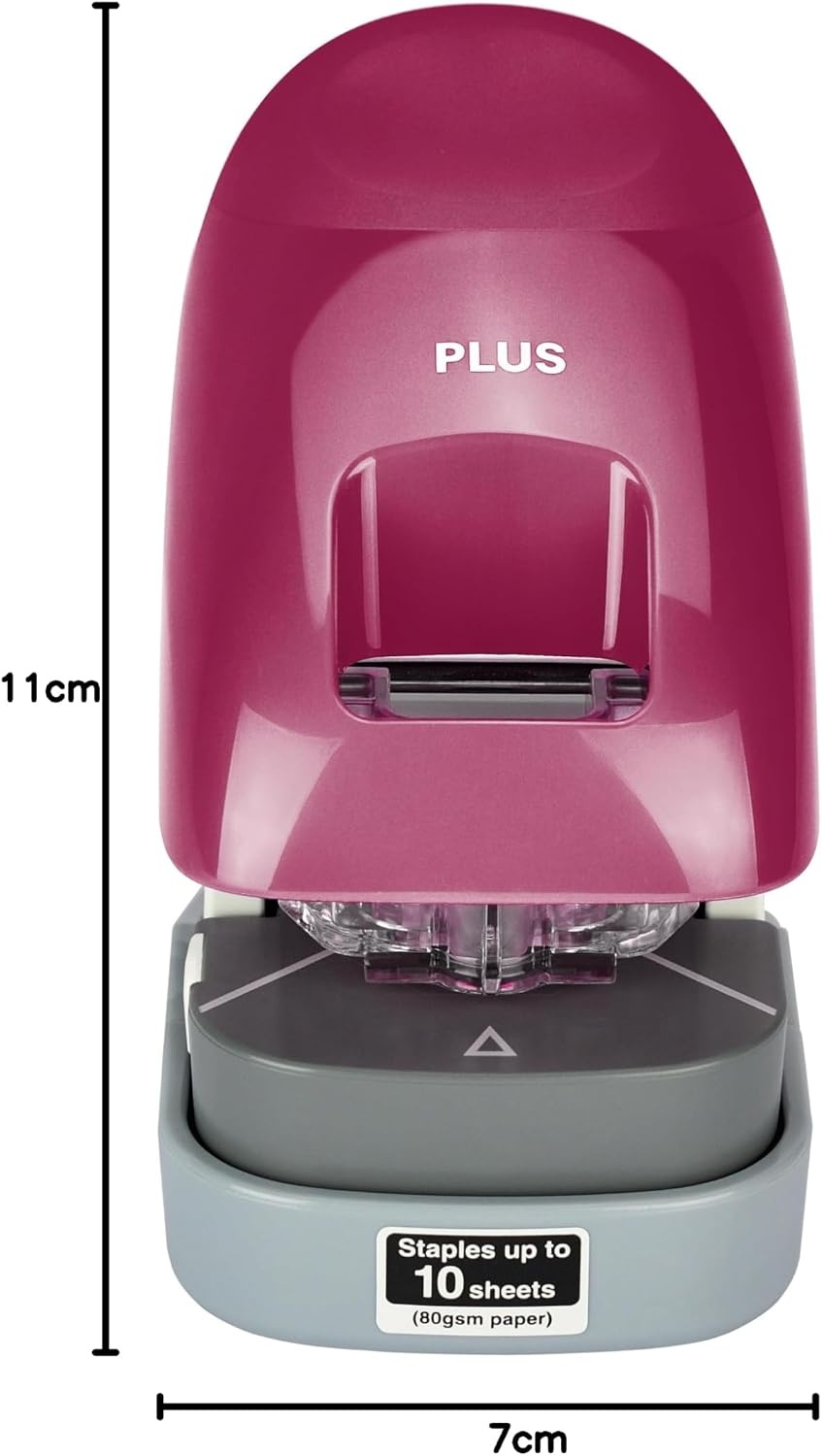 PLUS, Nietloze nietmachine bureaumodel, nietcapaciteit 10 vellen, met aanslagrail, niet- en gatfunctie, wijnrood