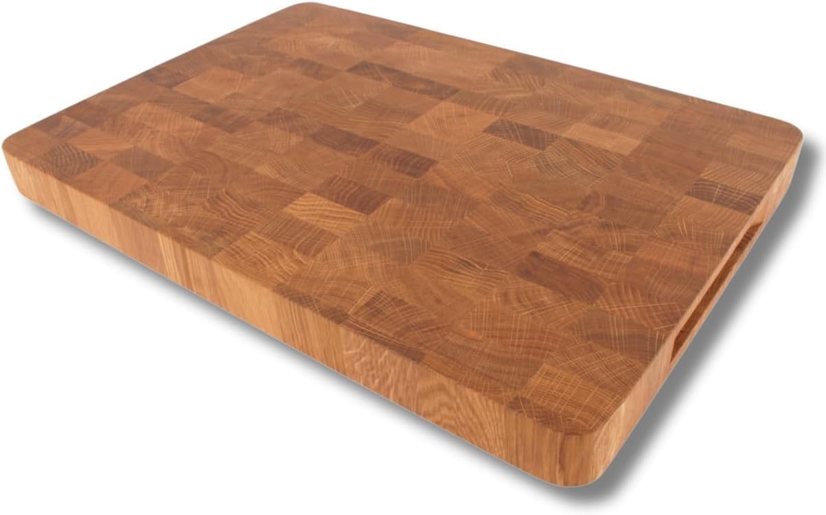 EFO Houten Snijplank 50x35x4 cm | Eindgraan Snijplank met Duurzame Eiken Constructie | Dubbelzijdige Keukenblok met Praktische Handgrepen | Broodplank met Afgeronde Hoeken - Maat 50x35x4 cm