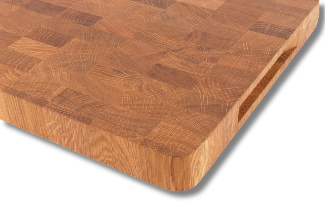 EFO Houten Snijplank 50x35x4 cm | Eindgraan Snijplank met Duurzame Eiken Constructie | Dubbelzijdige Keukenblok met Praktische Handgrepen | Broodplank met Afgeronde Hoeken - Maat 50x35x4 cm