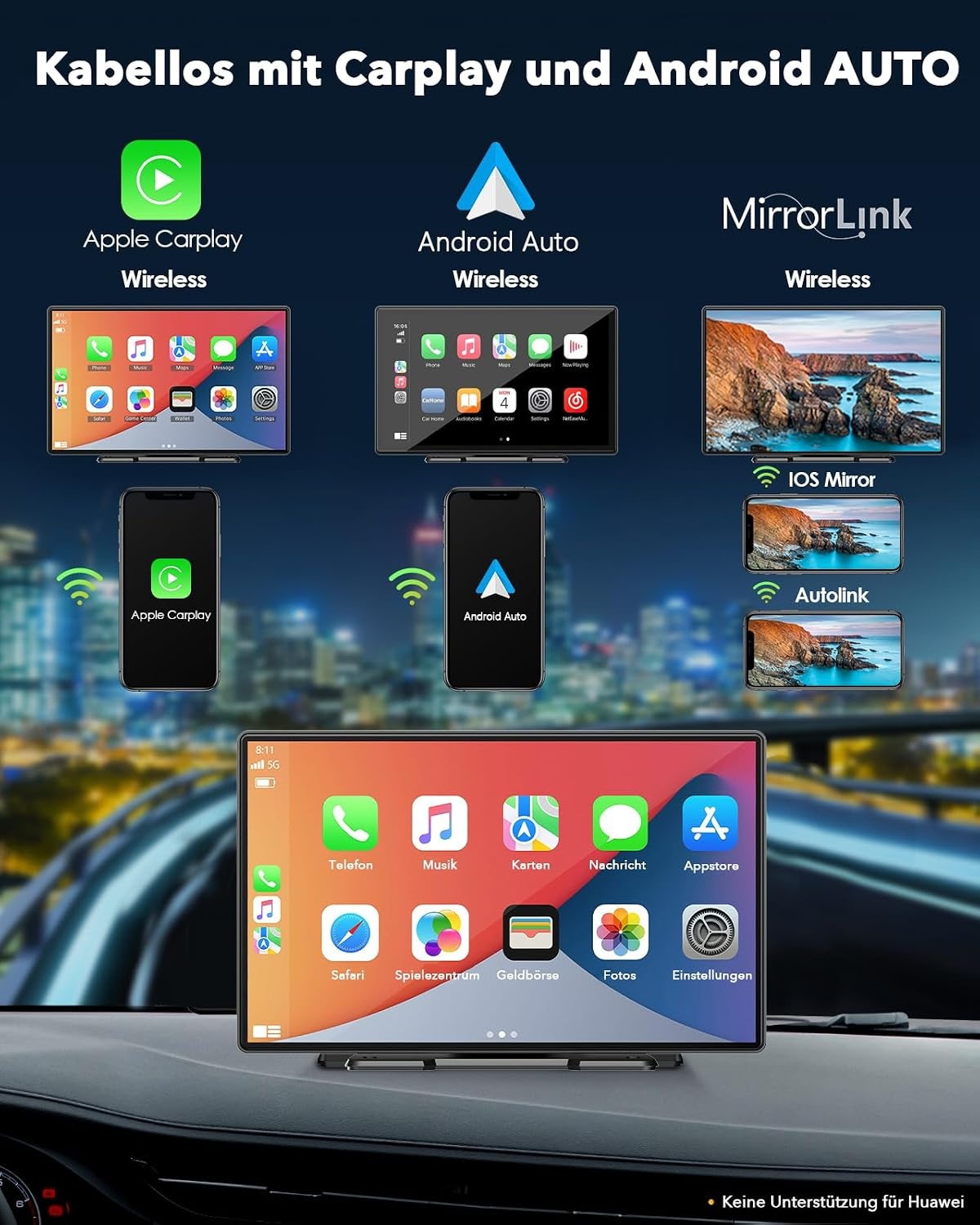 Lamto Autoradio, draadloos, Carplay & Android Auto, Bluetooth, 9 inch, IPS touchscreen, audio-ontvanger, digitale media-ontvanger, met Airplay/Siri/Google Assistant/GPS/FM/AUX