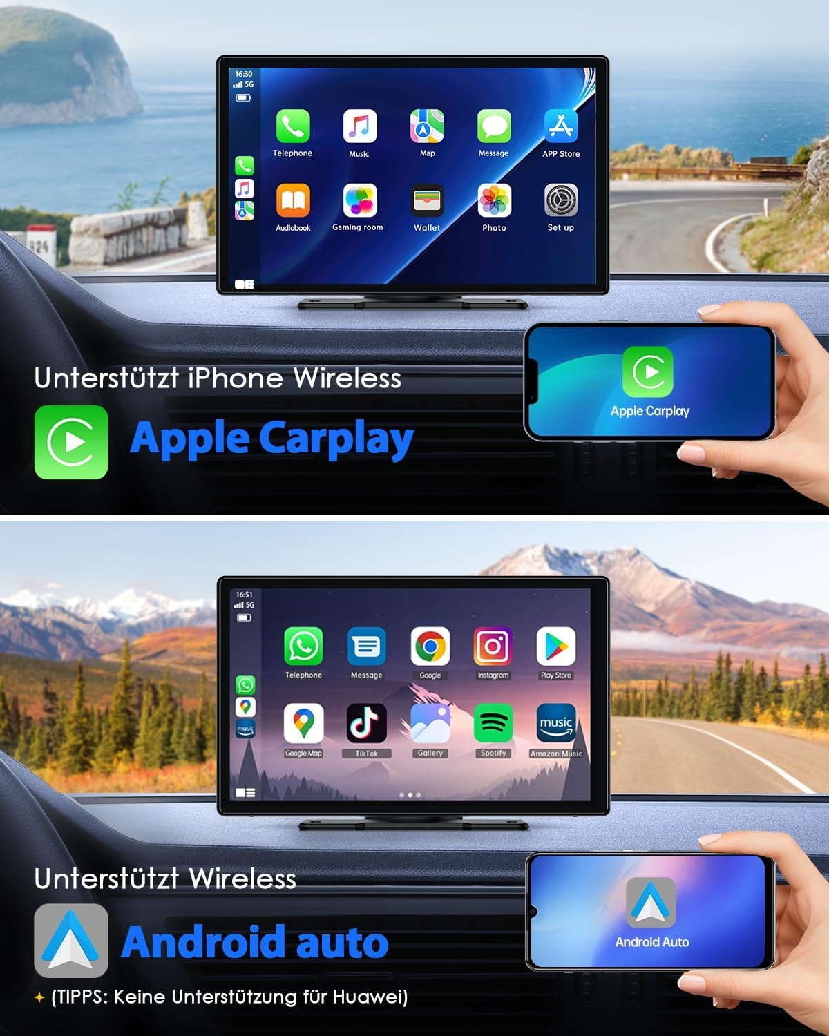 Lamto Autoradio, draadloos, Carplay & Android Auto, Bluetooth, 9 inch, IPS touchscreen, audio-ontvanger, digitale media-ontvanger, met Airplay/Siri/Google Assistant/GPS/FM/AUX