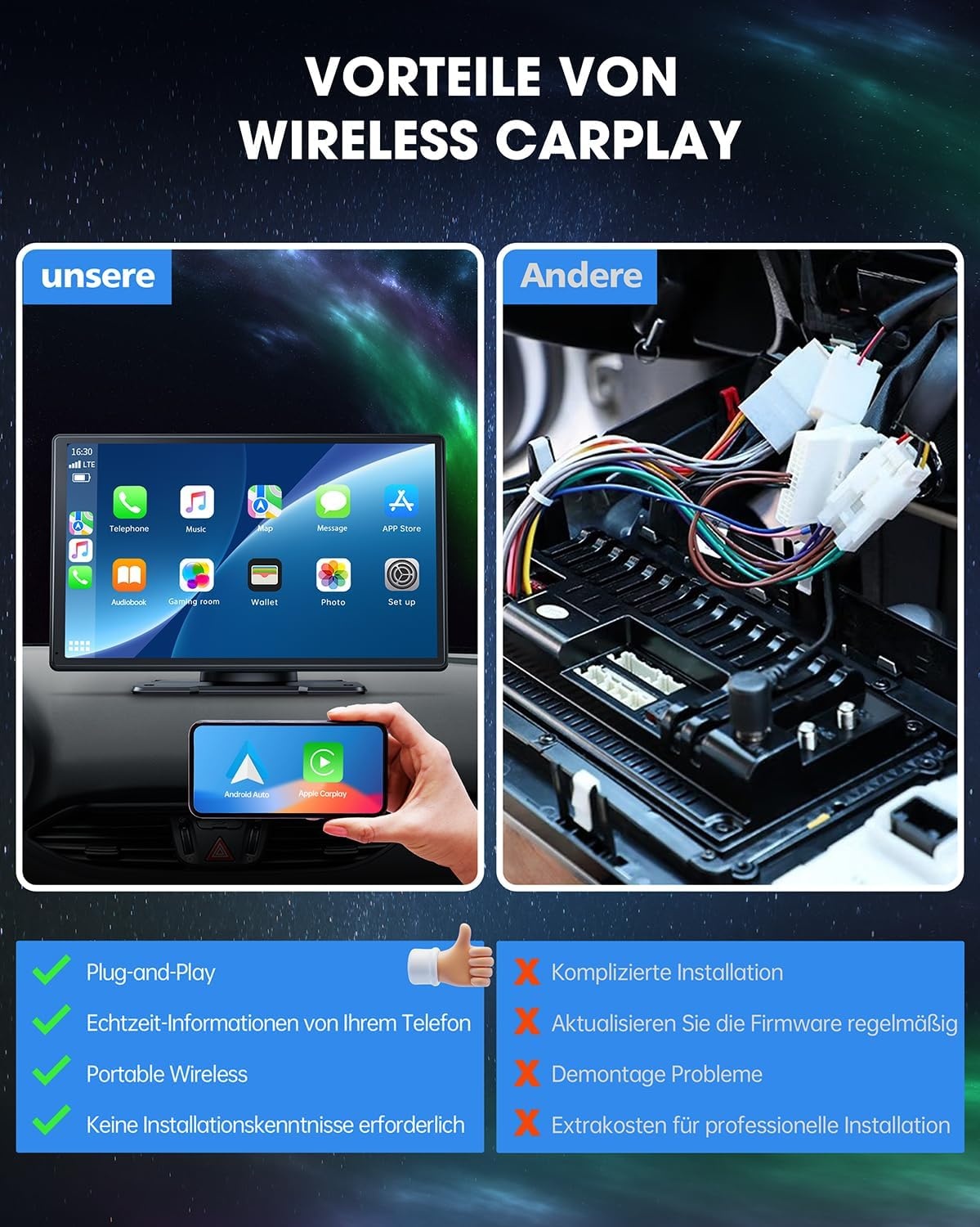 Lamto Autoradio, draadloos, Carplay & Android Auto, Bluetooth, 9 inch, IPS touchscreen, audio-ontvanger, digitale media-ontvanger, met Airplay/Siri/Google Assistant/GPS/FM/AUX