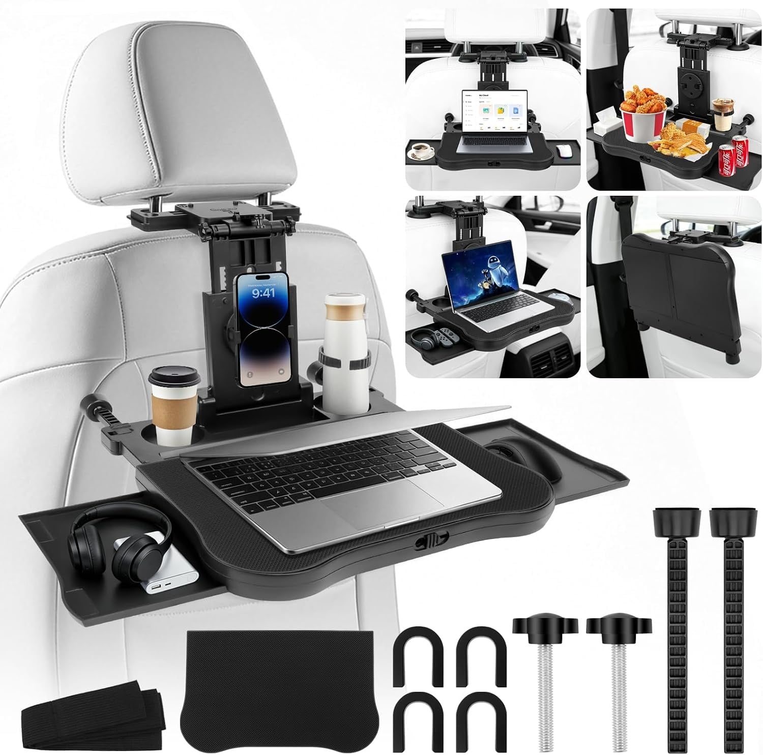 autotafel voor achterbank passagierszijde, draagbare autostoeltje-tafeltje met bekerhouder en mobiele telefoonhouder, multifunctionele eettafel opvouwbaar, draagvermogen 15-20 kg