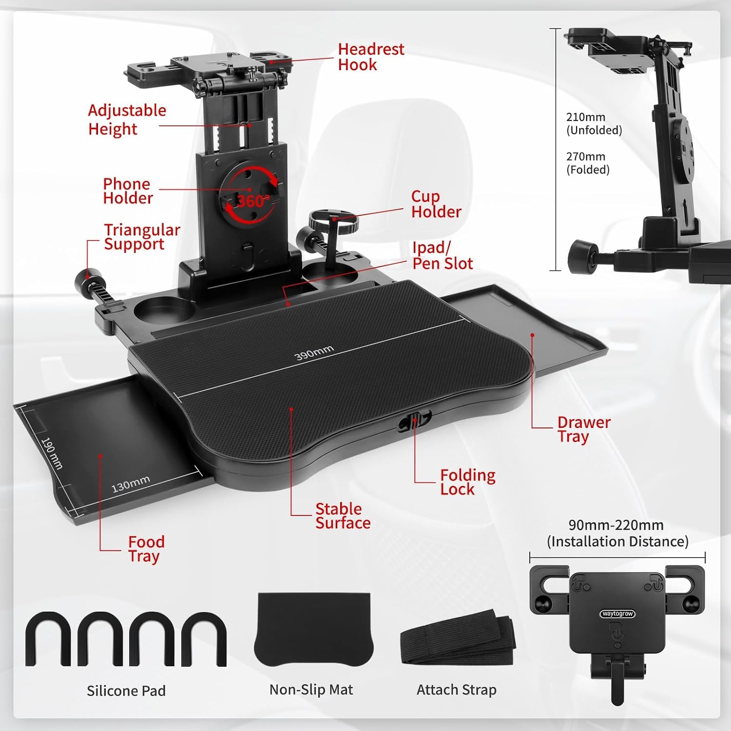 autotafel voor achterbank passagierszijde, draagbare autostoeltje-tafeltje met bekerhouder en mobiele telefoonhouder, multifunctionele eettafel opvouwbaar, draagvermogen 15-20 kg