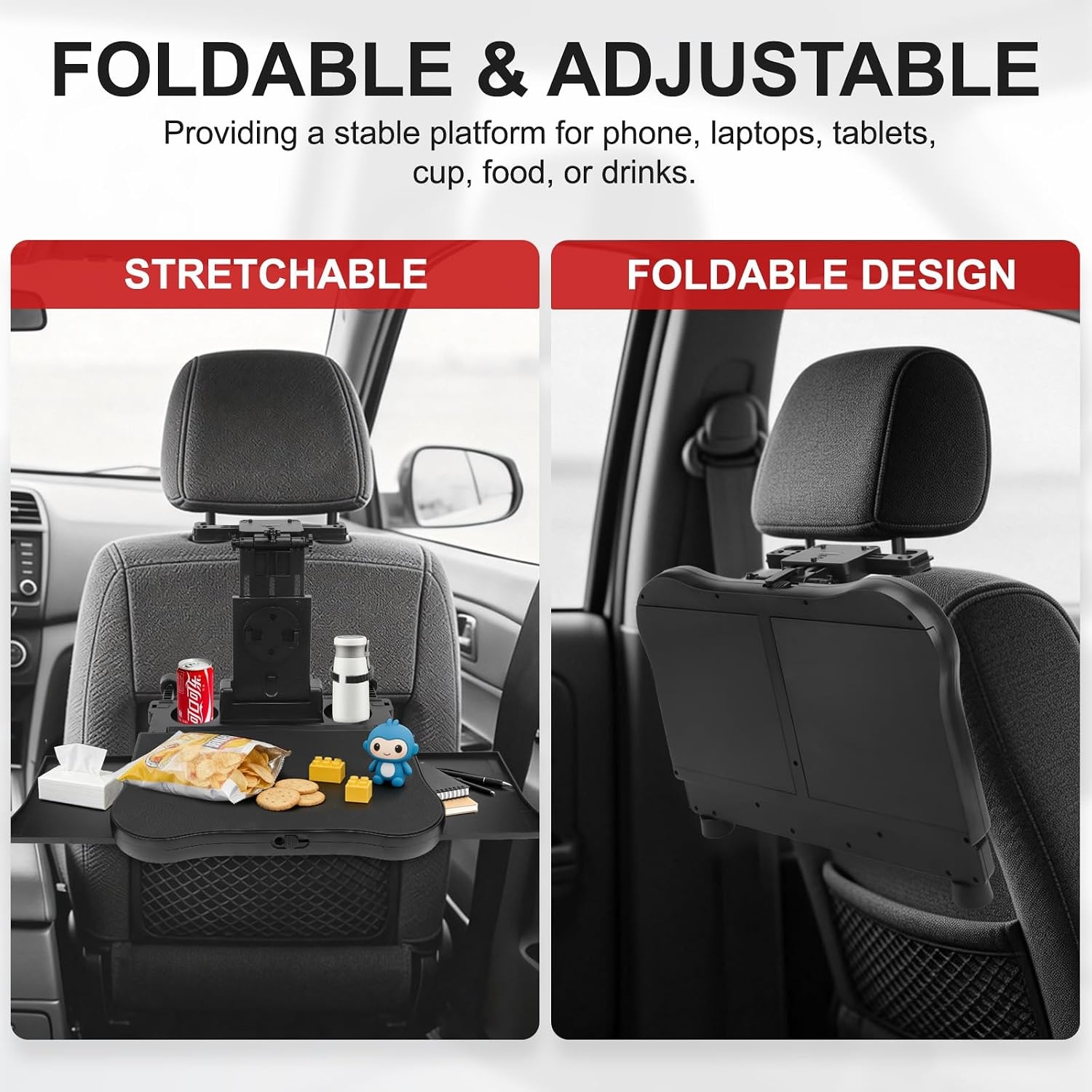 autotafel voor achterbank passagierszijde, draagbare autostoeltje-tafeltje met bekerhouder en mobiele telefoonhouder, multifunctionele eettafel opvouwbaar, draagvermogen 15-20 kg