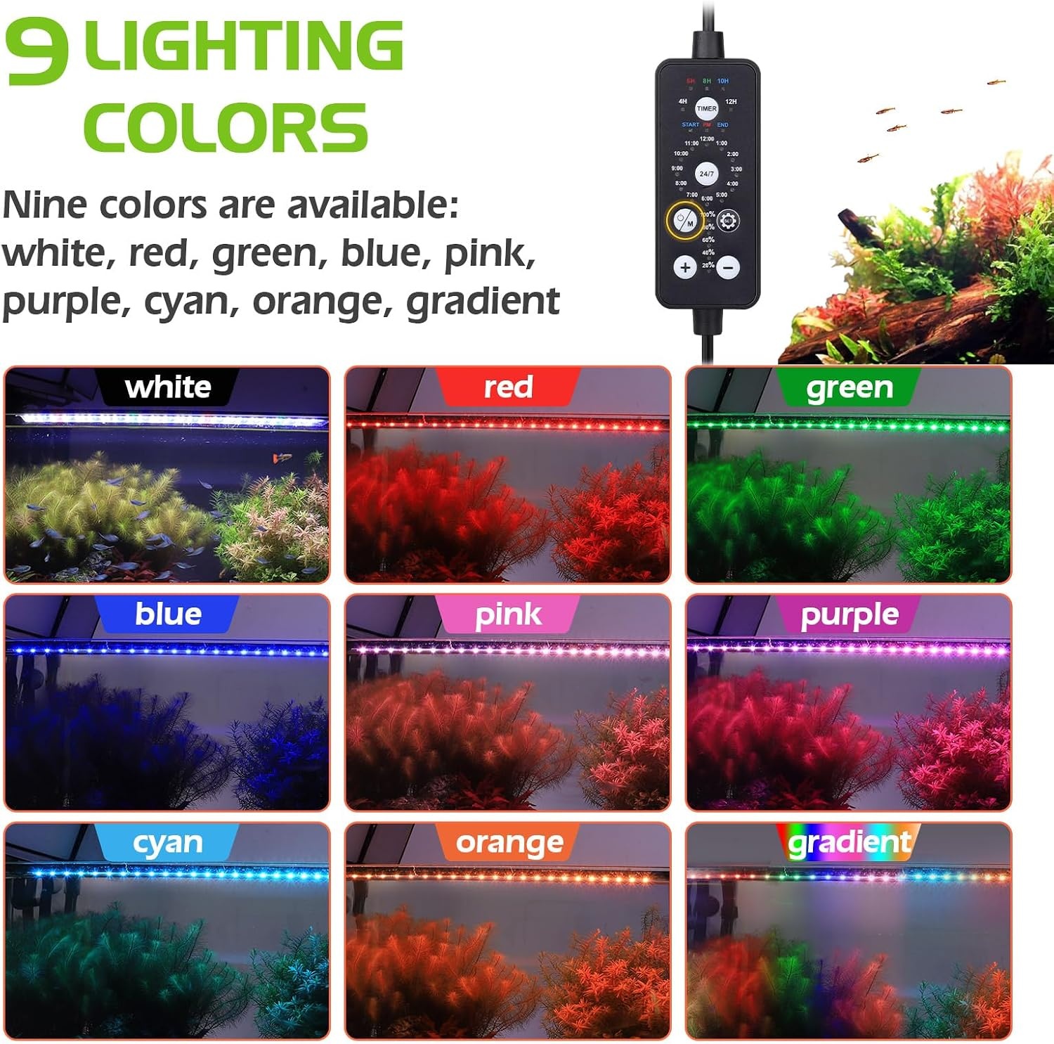 hygger Aquarium LED Lighting, 18W Full Spectrum Aquarium Lighting, 24/7 Aquarium Lamp with 9 Different Colors and 10 Adjustable Brightness for Freshwater Aquariums 45-60cm