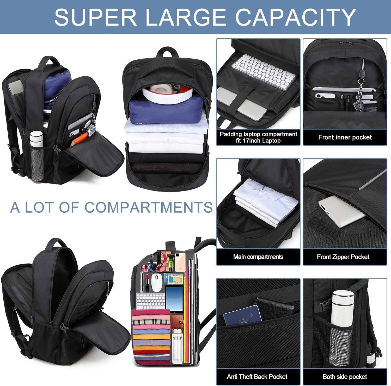 WENIG Extra Grote Laptoprugzak 50L - 17.3 inch - Zwart - TSA-goedgekeurd