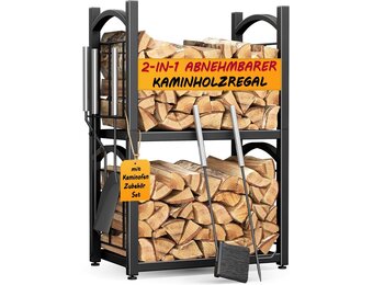 HFHOME Firewood Rack Indoor Firewood Rack Outdoor 2-in-1, Firewood Stand for Firewood Storage, Firewood Rack 78 x 46 x 32 cm with Fireplace Accessories Shovel Broom Tongs Poker