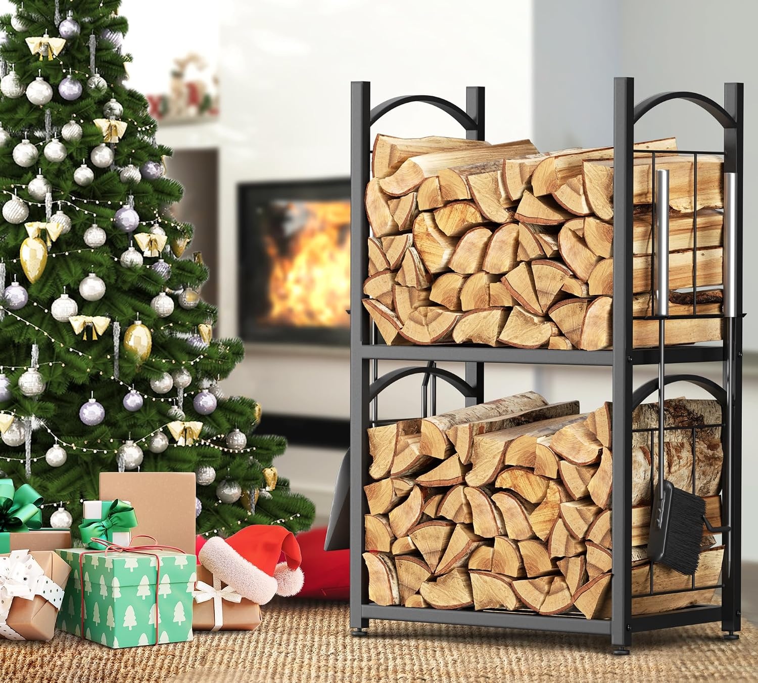 HFHOME Firewood Rack Indoor Firewood Rack Outdoor 2-in-1, Firewood Stand for Firewood Storage, Firewood Rack 78 x 46 x 32 cm with Fireplace Accessories Shovel Broom Tongs Poker