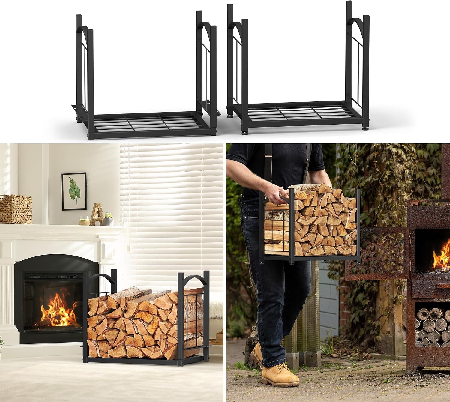 HFHOME Firewood Rack Indoor Firewood Rack Outdoor 2-in-1, Firewood Stand for Firewood Storage, Firewood Rack 78 x 46 x 32 cm with Fireplace Accessories Shovel Broom Tongs Poker