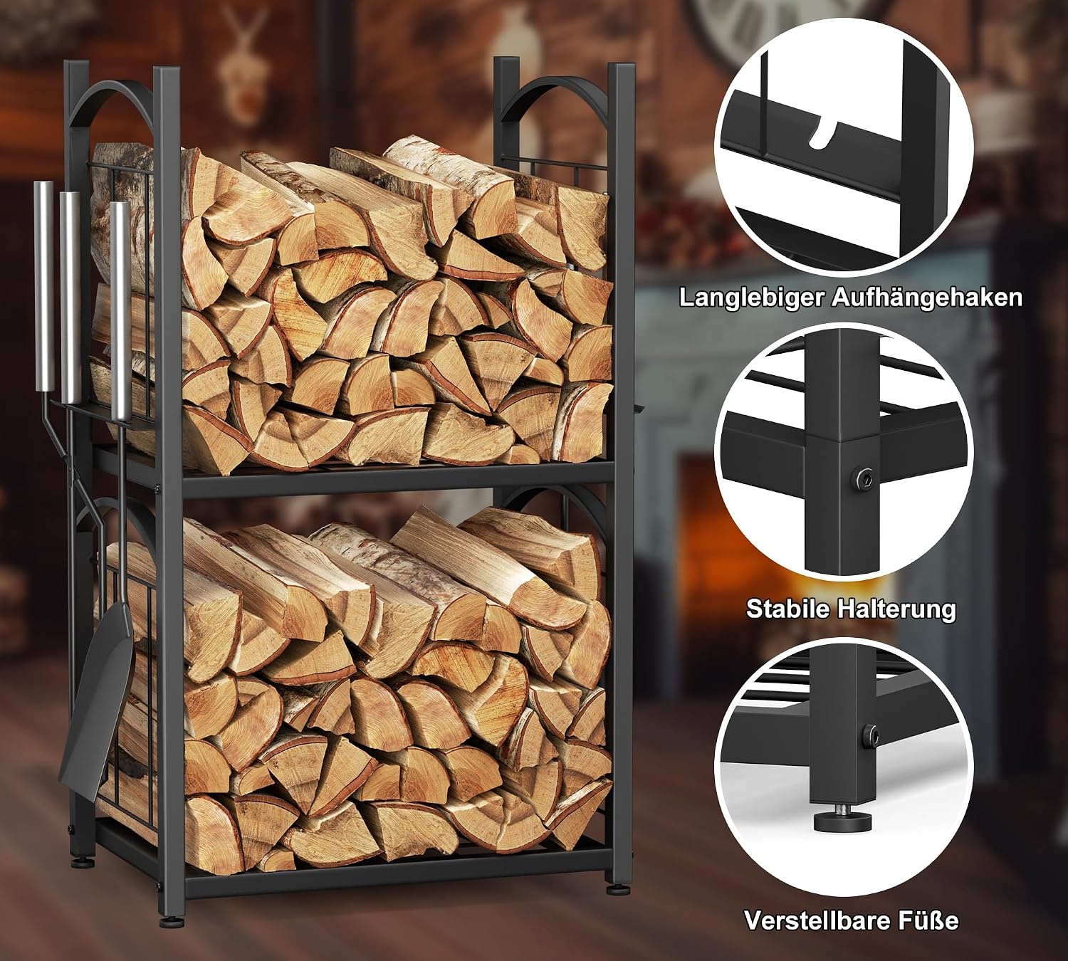 HFHOME Firewood Rack Indoor Firewood Rack Outdoor 2-in-1, Firewood Stand for Firewood Storage, Firewood Rack 78 x 46 x 32 cm with Fireplace Accessories Shovel Broom Tongs Poker