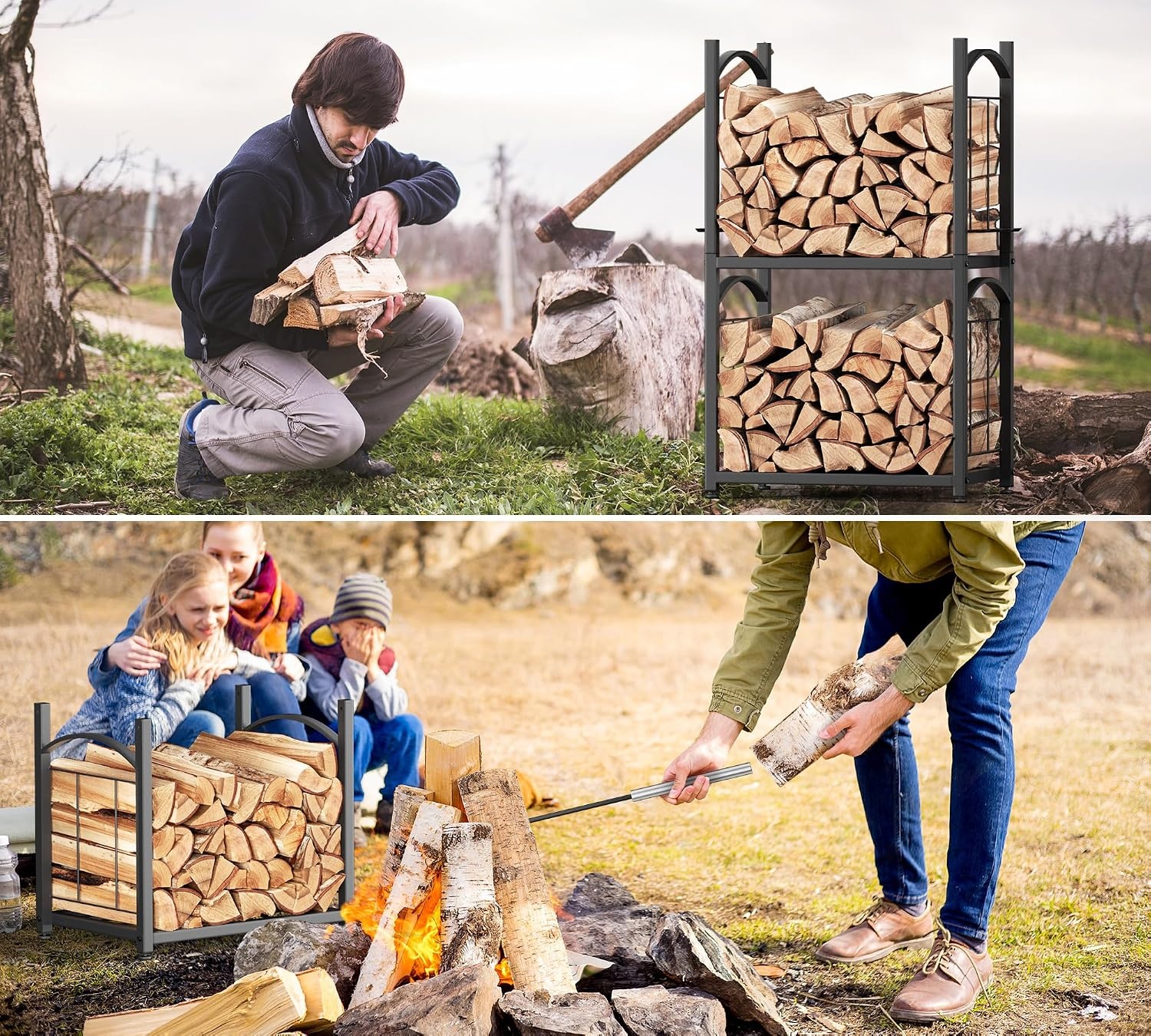 HFHOME Firewood Rack Indoor Firewood Rack Outdoor 2-in-1, Firewood Stand for Firewood Storage, Firewood Rack 78 x 46 x 32 cm with Fireplace Accessories Shovel Broom Tongs Poker