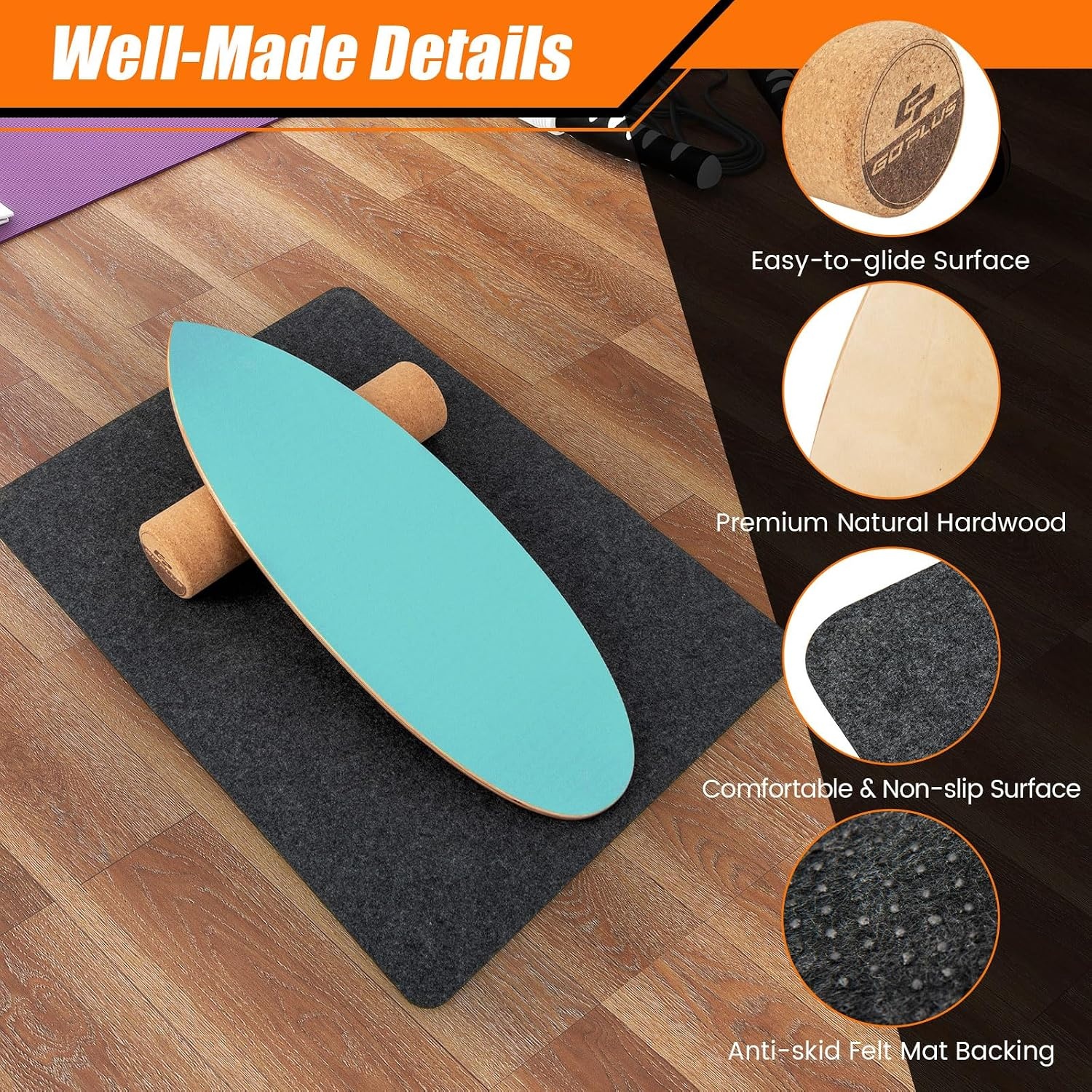 FANTASK Houten Balance Board 75 cm met Kurkrol en Viltmat - Blauw