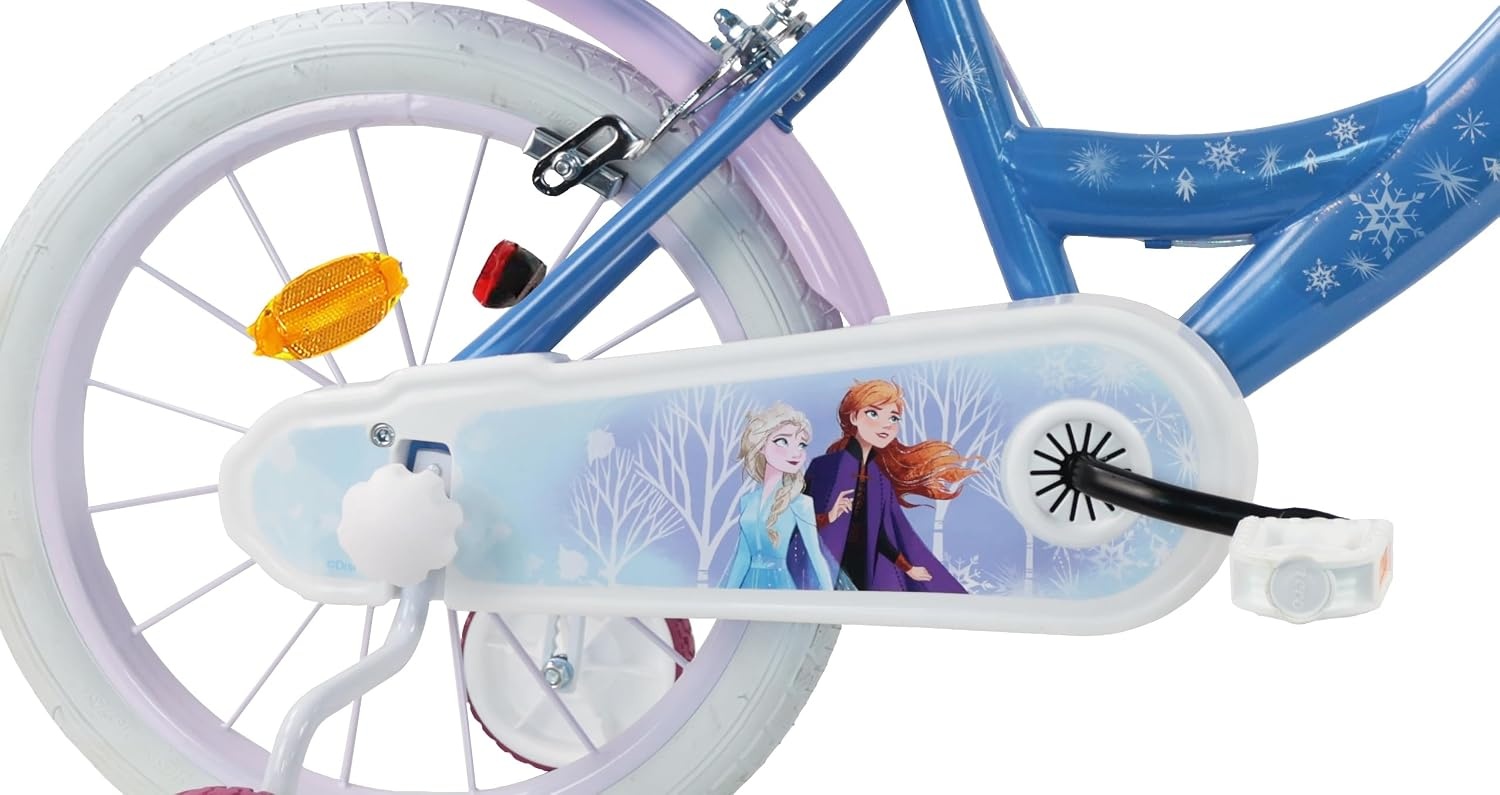A.T.L.A.S. Kinderfiets, 40,6 cm, meisjes, ijskoningin, Frozen met 2 remmen, mand voor, poppenhouder achter, spatborden en stabilisatoren + Frozen helm inbegrepen, blauw en wit