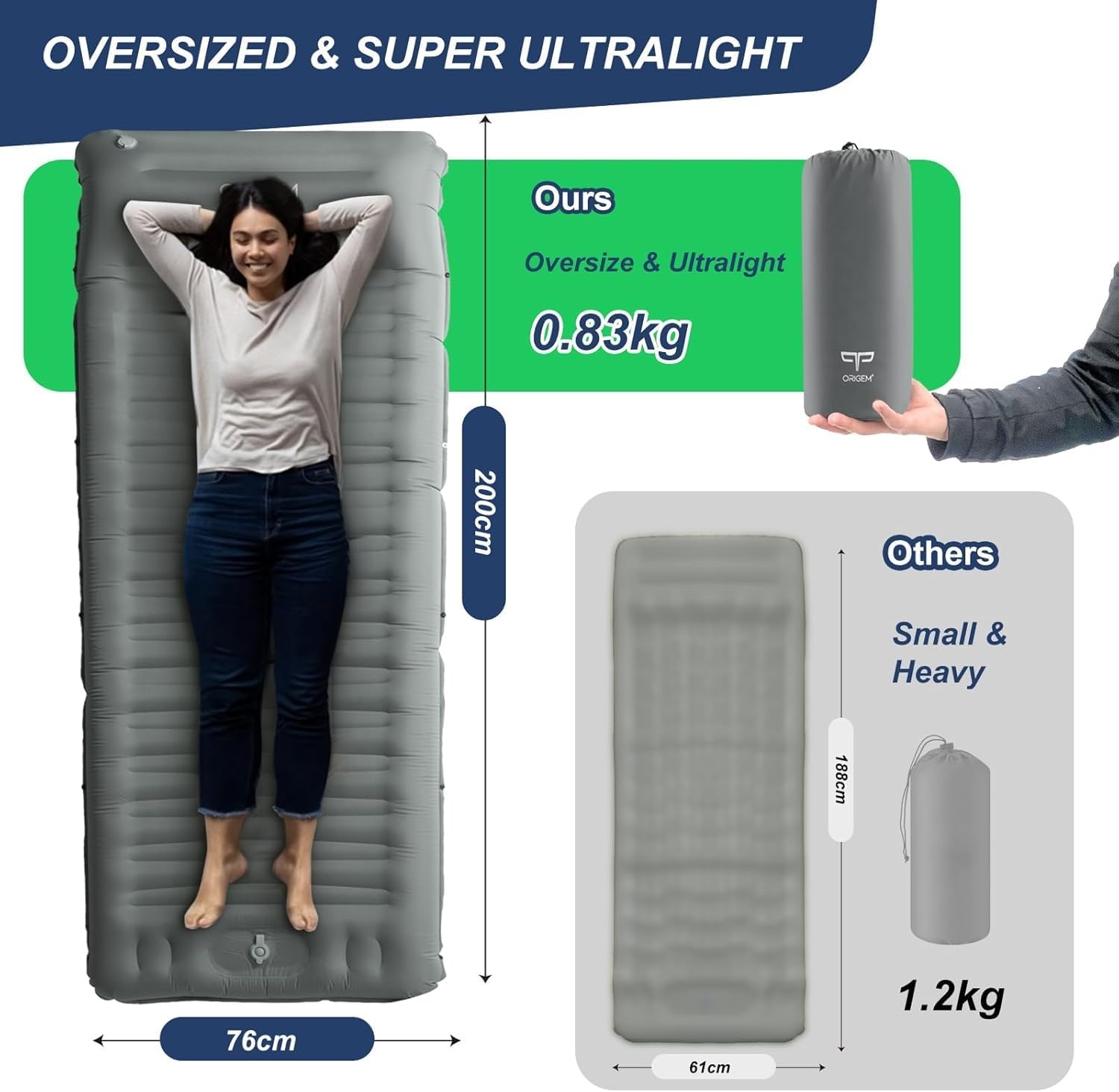 Oosterse mat campingmatras, 14 cm, ultralichte slaapmat, opblaasbare kleine verpakkingsgrootte, opblaasbaar voetluchtmatras buiten met voetpomp