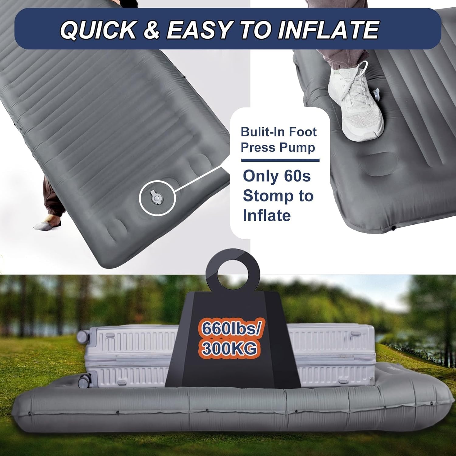 Oosterse mat campingmatras, 14 cm, ultralichte slaapmat, opblaasbare kleine verpakkingsgrootte, opblaasbaar voetluchtmatras buiten met voetpomp