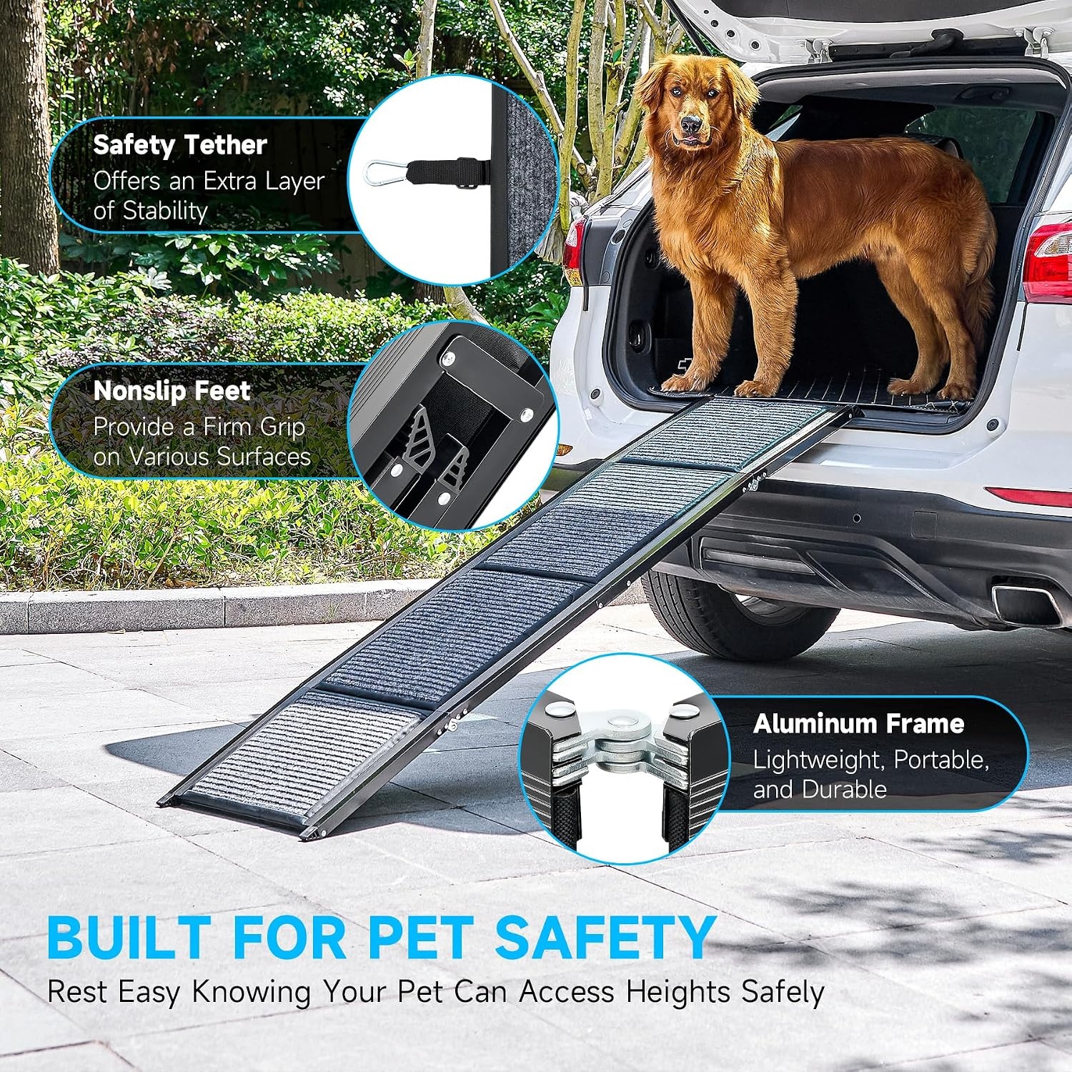 CO-Z Dog Ramp for Car, 170 cm Folding Pet Ramp for Large Dogs up to 90 kg with Non-Slip Rug Surface, Portable Dog Pet Stairs for Car SUV Truck Bed Sofa, Indoor and Outdoor Use - Maat 170 x 44 cm