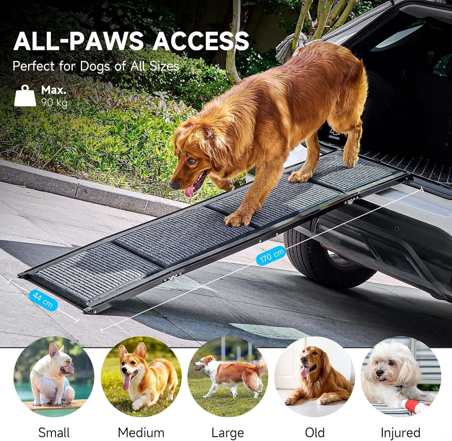 CO-Z Dog Ramp for Car, 170 cm Folding Pet Ramp for Large Dogs up to 90 kg with Non-Slip Rug Surface, Portable Dog Pet Stairs for Car SUV Truck Bed Sofa, Indoor and Outdoor Use - Maat 170 x 44 cm