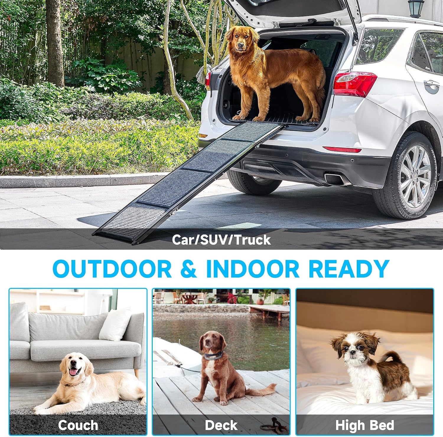 CO-Z Dog Ramp for Car, 170 cm Folding Pet Ramp for Large Dogs up to 90 kg with Non-Slip Rug Surface, Portable Dog Pet Stairs for Car SUV Truck Bed Sofa, Indoor and Outdoor Use - Maat 170 x 44 cm