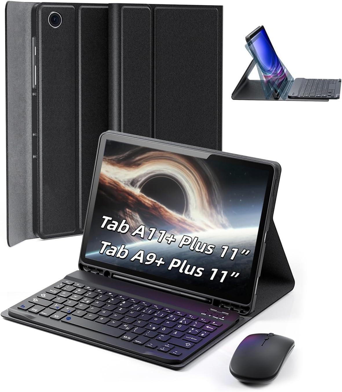 Hoesje voor Samsung Galaxy Tab A9+ Plus Generatie 11 Inch (2023) met Oplaadbaar Draadloos Bluetooth Duits Karakter Toetsenbord (QWERTZ) en Muis, Slot Case Magnetische Toetsenbord Case Zwart