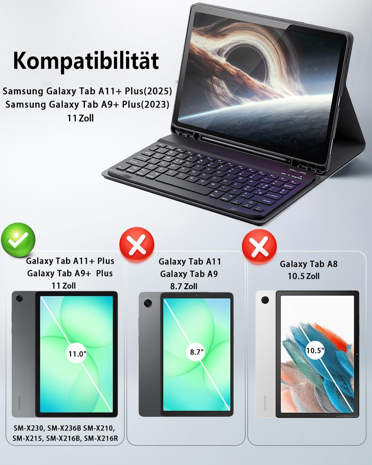 Hoesje voor Samsung Galaxy Tab A9+ Plus Generatie 11 Inch (2023) met Oplaadbaar Draadloos Bluetooth Duits Karakter Toetsenbord (QWERTZ) en Muis, Slot Case Magnetische Toetsenbord Case Zwart