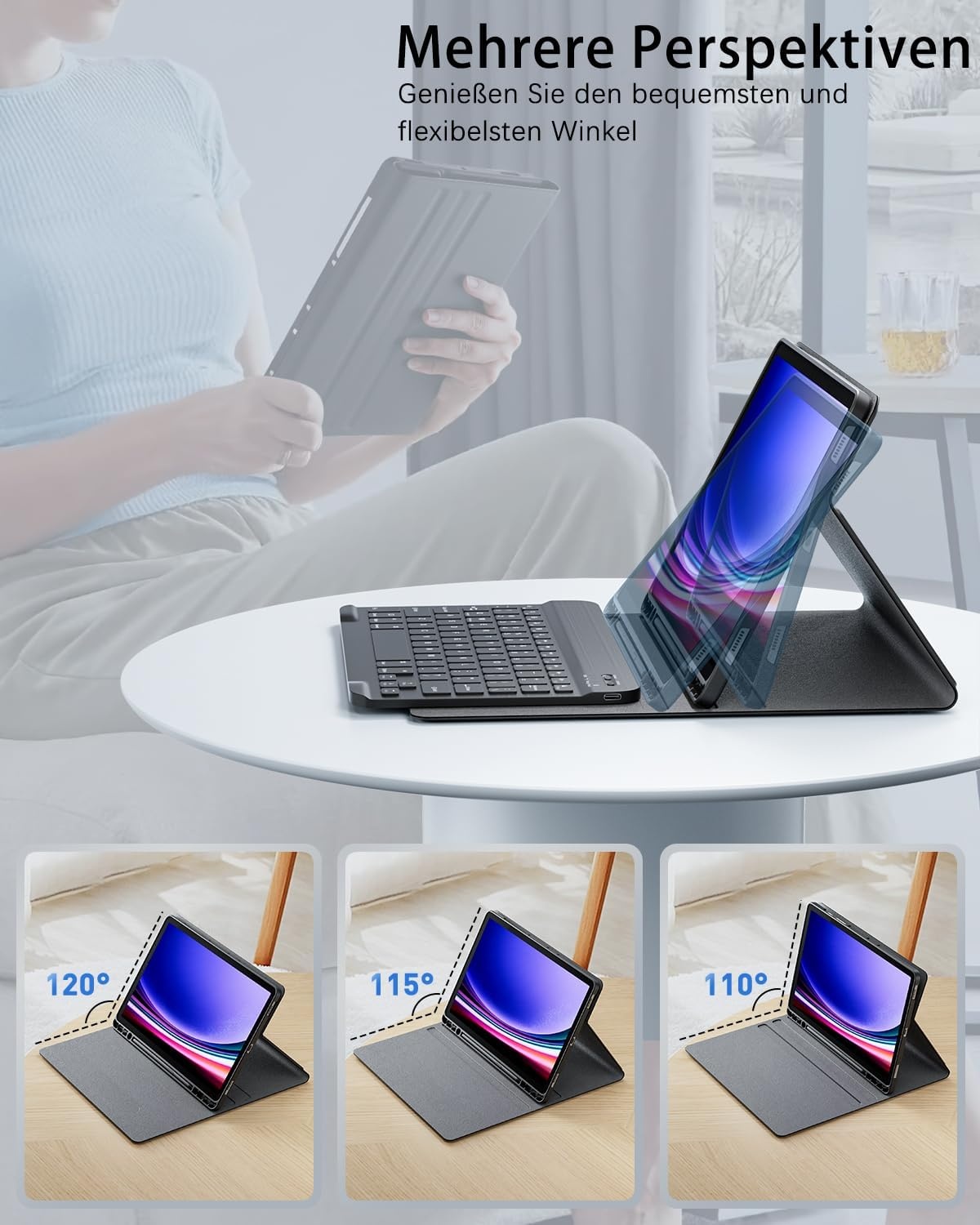 Hoesje voor Samsung Galaxy Tab A9+ Plus Generatie 11 Inch (2023) met Oplaadbaar Draadloos Bluetooth Duits Karakter Toetsenbord (QWERTZ) en Muis, Slot Case Magnetische Toetsenbord Case Zwart