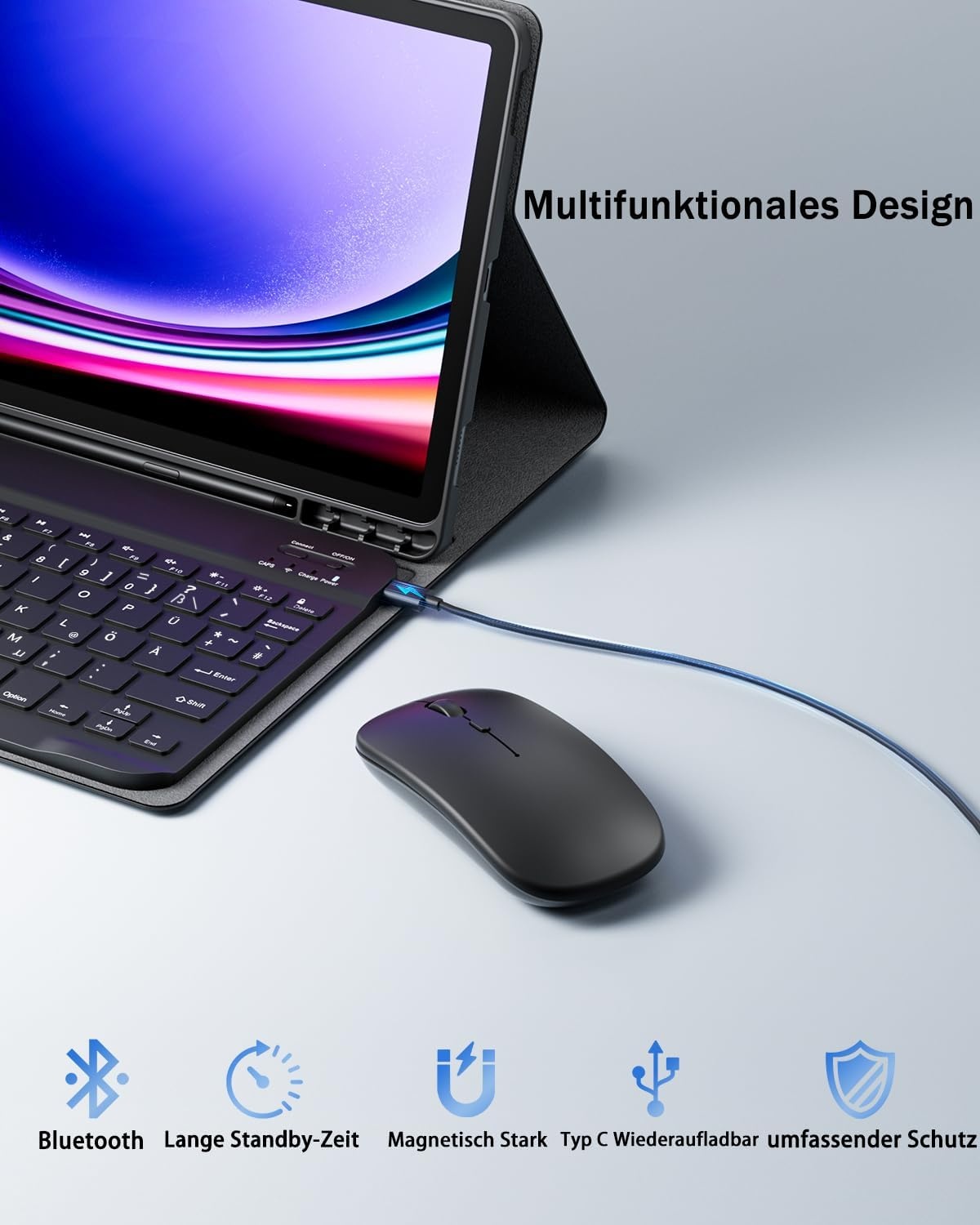 Hoesje voor Samsung Galaxy Tab A9+ Plus Generatie 11 Inch (2023) met Oplaadbaar Draadloos Bluetooth Duits Karakter Toetsenbord (QWERTZ) en Muis, Slot Case Magnetische Toetsenbord Case Zwart
