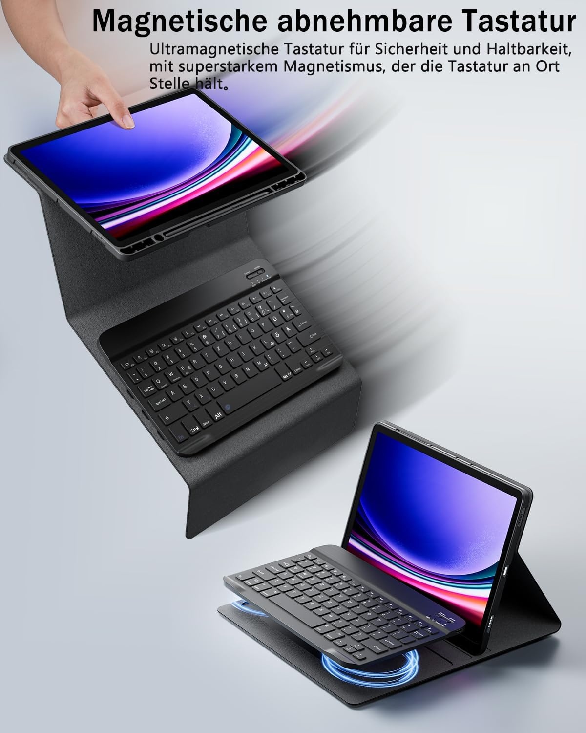 Hoesje voor Samsung Galaxy Tab A9+ Plus Generatie 11 Inch (2023) met Oplaadbaar Draadloos Bluetooth Duits Karakter Toetsenbord (QWERTZ) en Muis, Slot Case Magnetische Toetsenbord Case Zwart