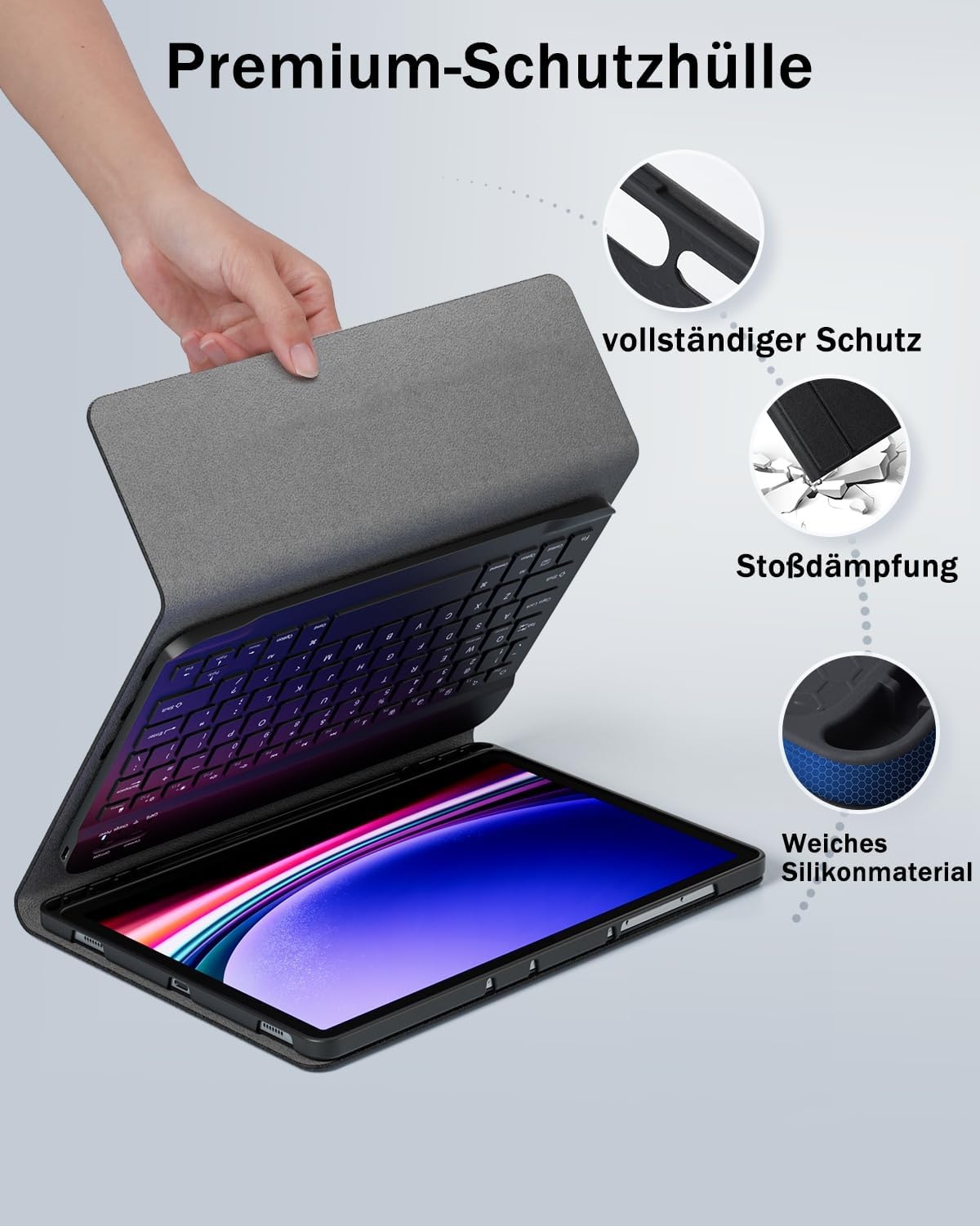 Hoesje voor Samsung Galaxy Tab A9+ Plus Generatie 11 Inch (2023) met Oplaadbaar Draadloos Bluetooth Duits Karakter Toetsenbord (QWERTZ) en Muis, Slot Case Magnetische Toetsenbord Case Zwart