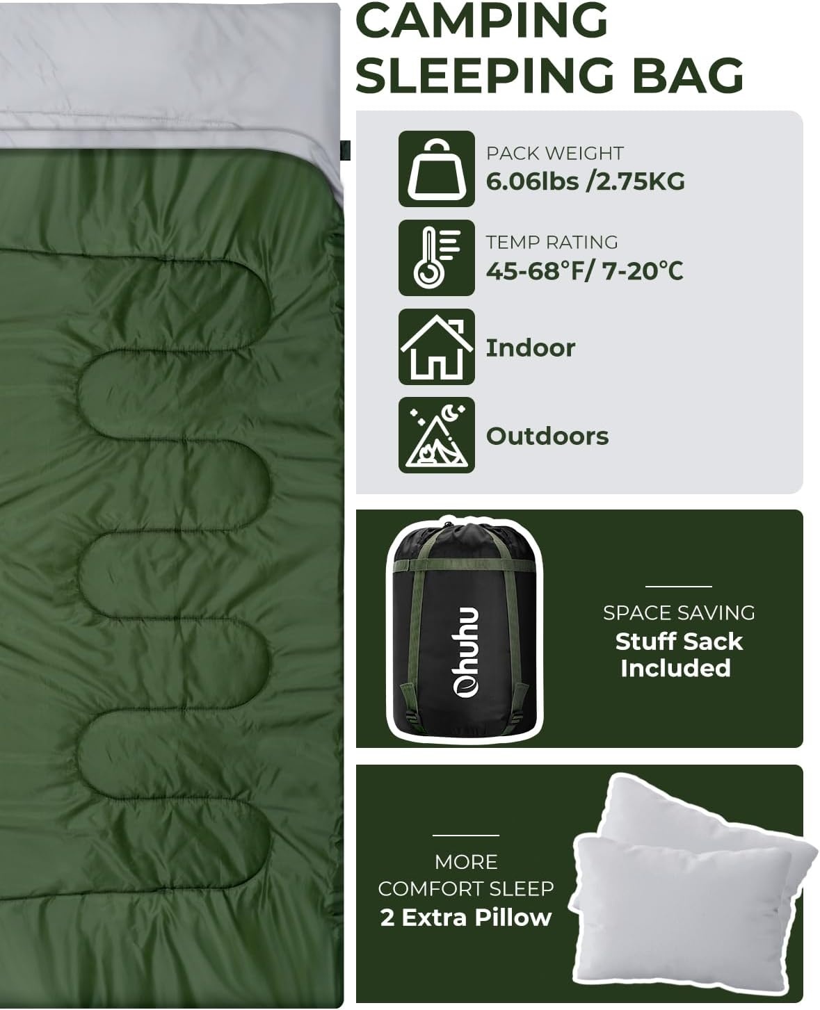 Ohuhu Tweepersoons Slaapzak - Groen - 220 x 150 cm - Inclusief 2 Kussens